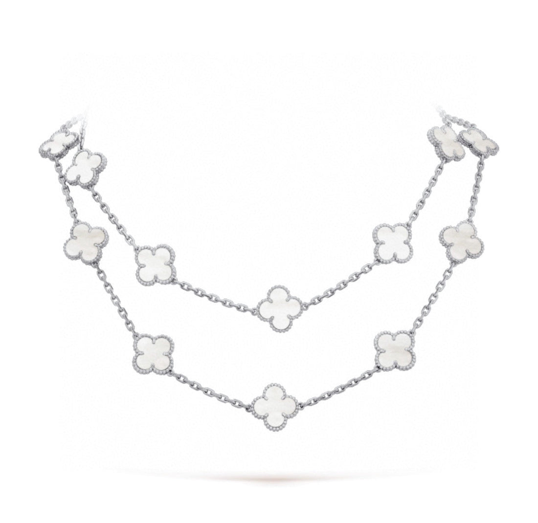 CLOVER 20 MOTIF WHITE MOP 86CM SILVER NECKLACE
