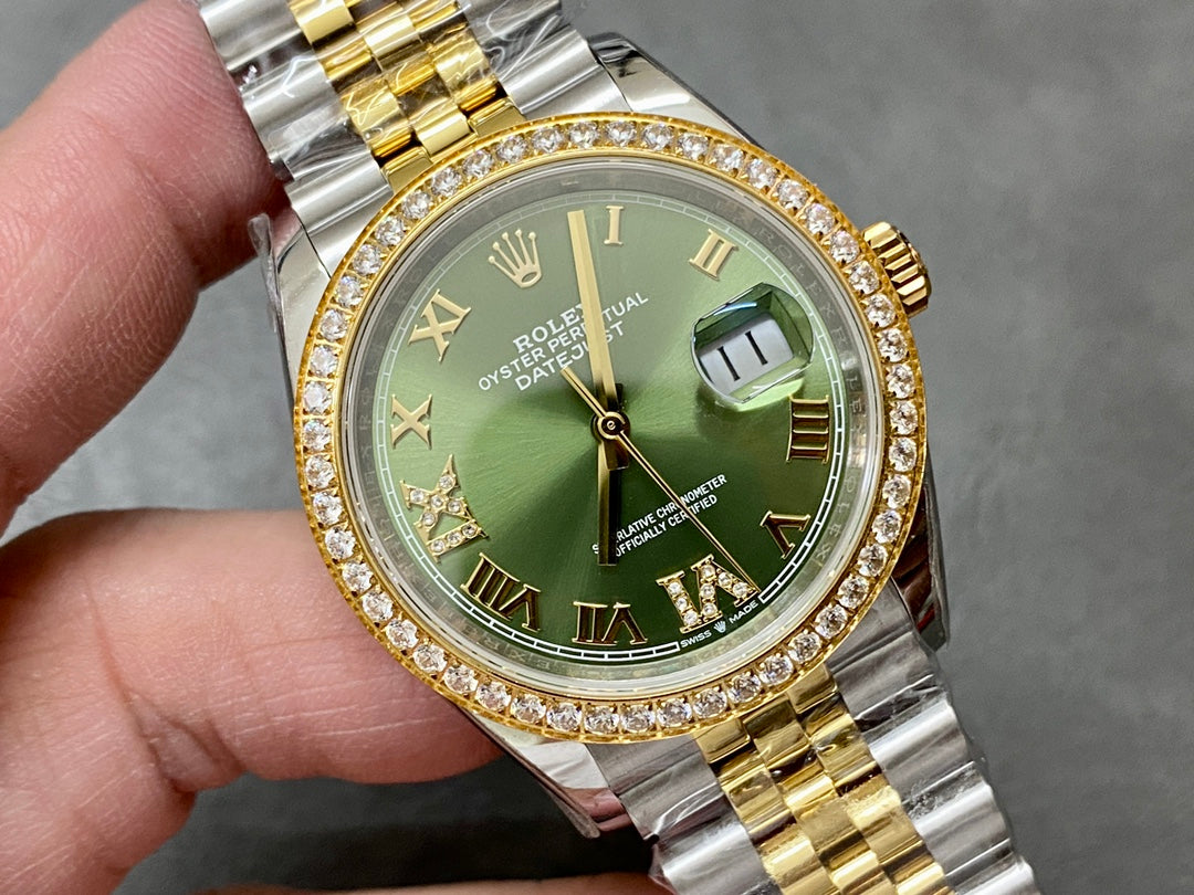 DATEJUST 31MM GOLD STEEL DIAMOND BEZEL GREEN DIAL