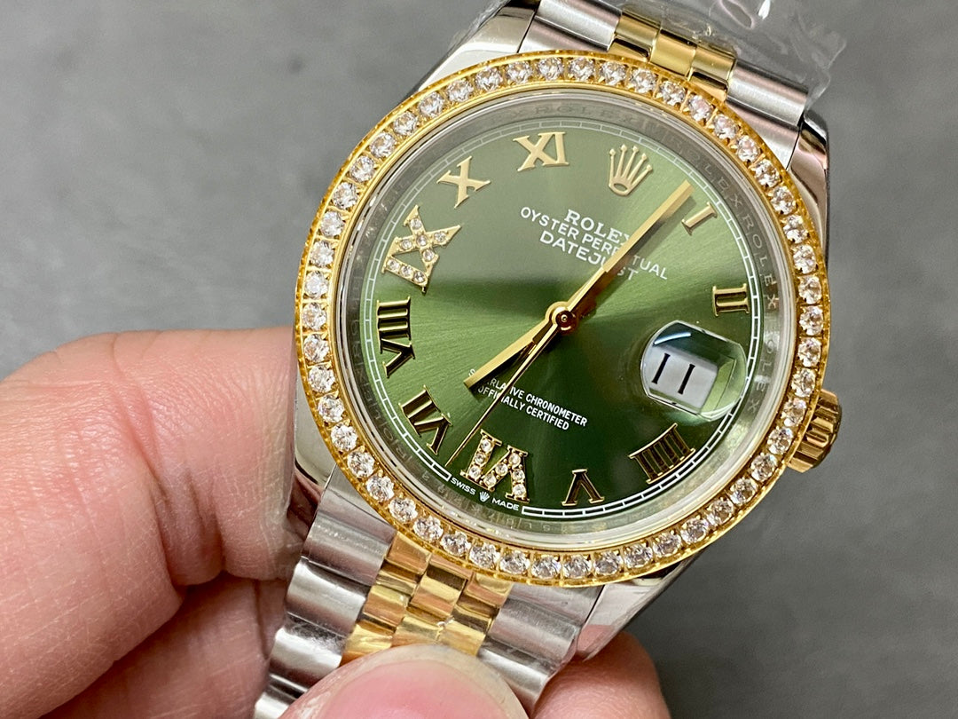 DATEJUST 31MM GOLD STEEL DIAMOND BEZEL GREEN DIAL