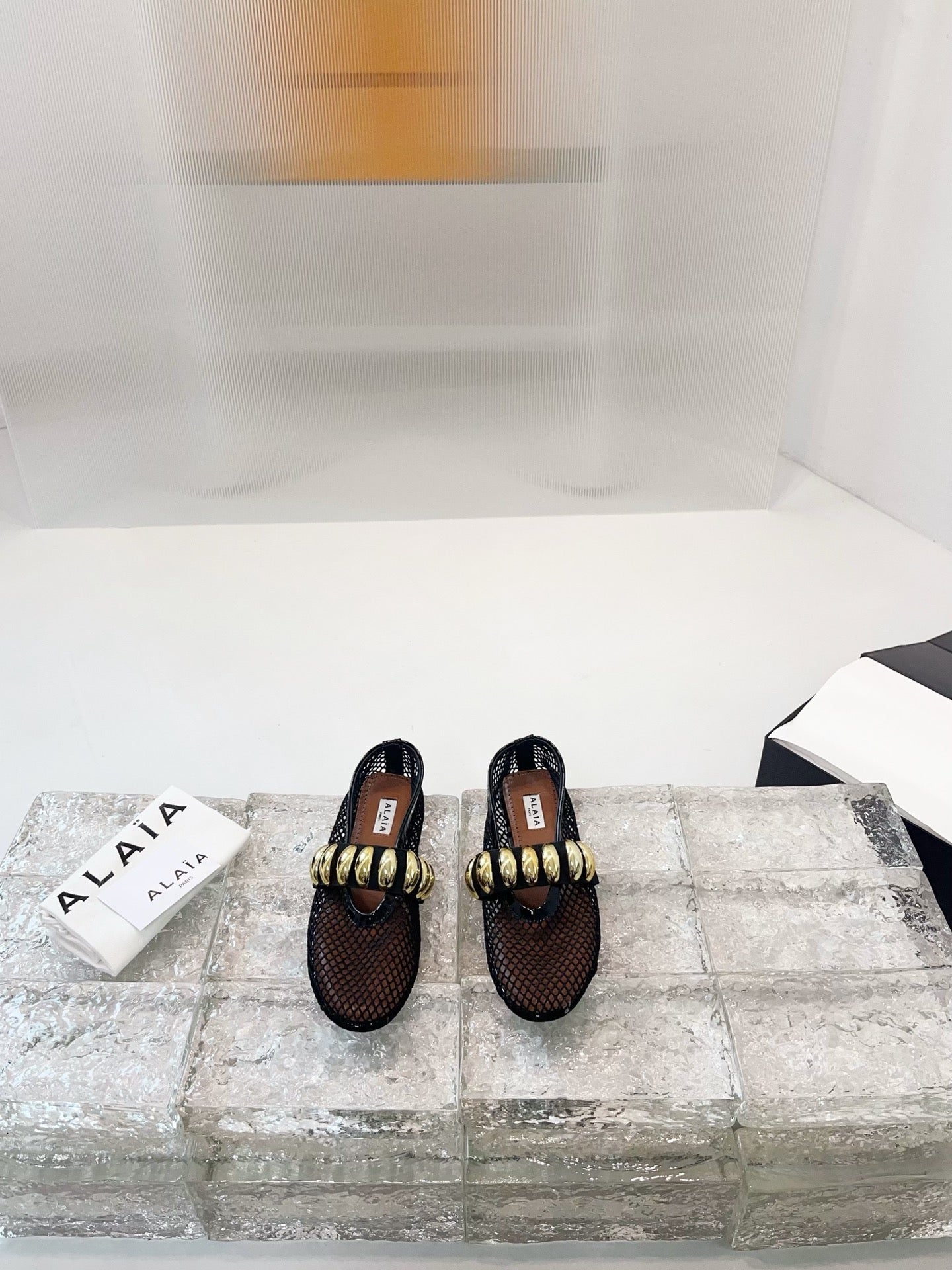 Alaia 25 Mary Jane Mesh Ballet Flats Black Gold Calfskin