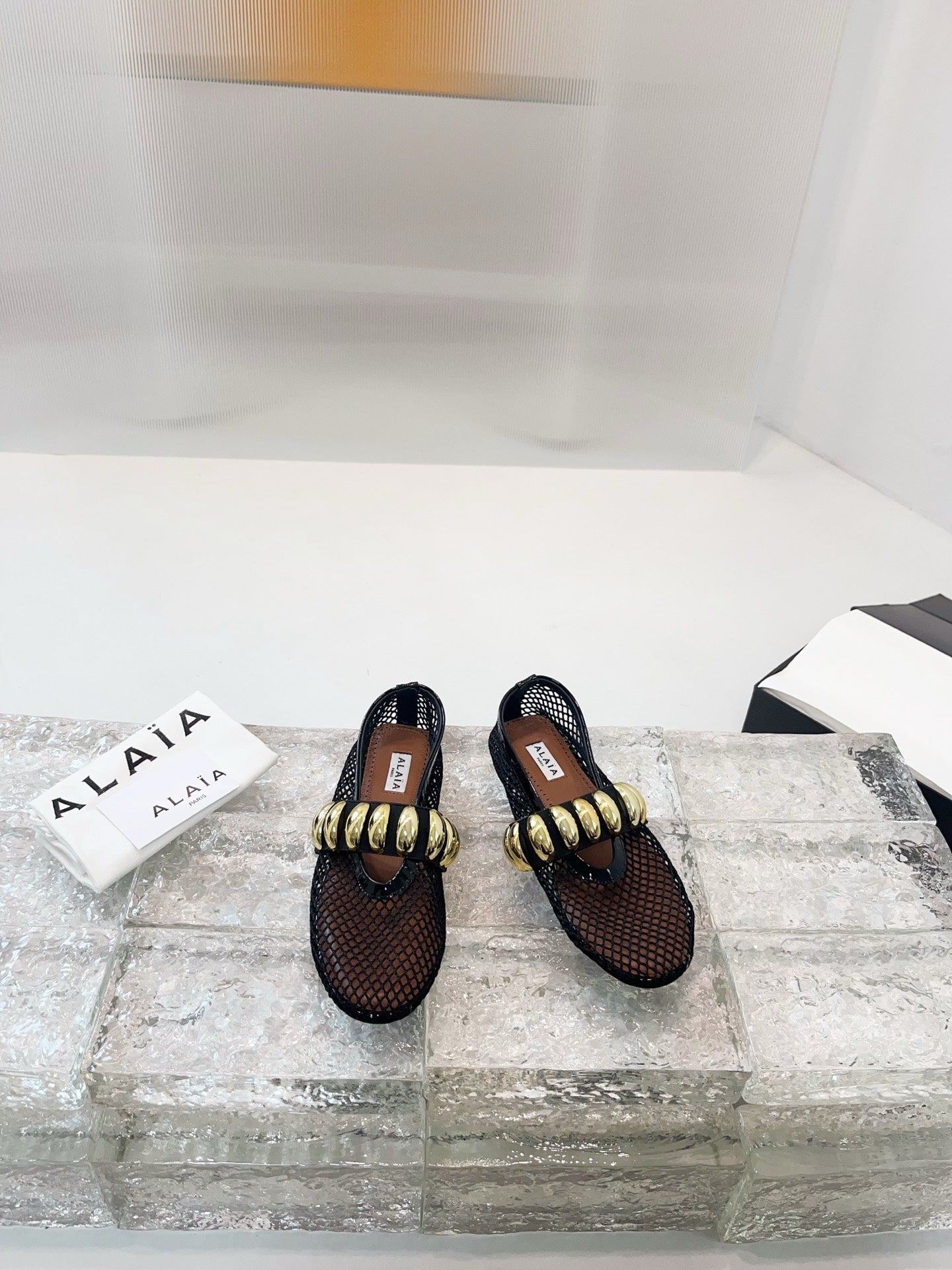 Alaia 25 Mary Jane Mesh Ballet Flats Black Gold Calfskin
