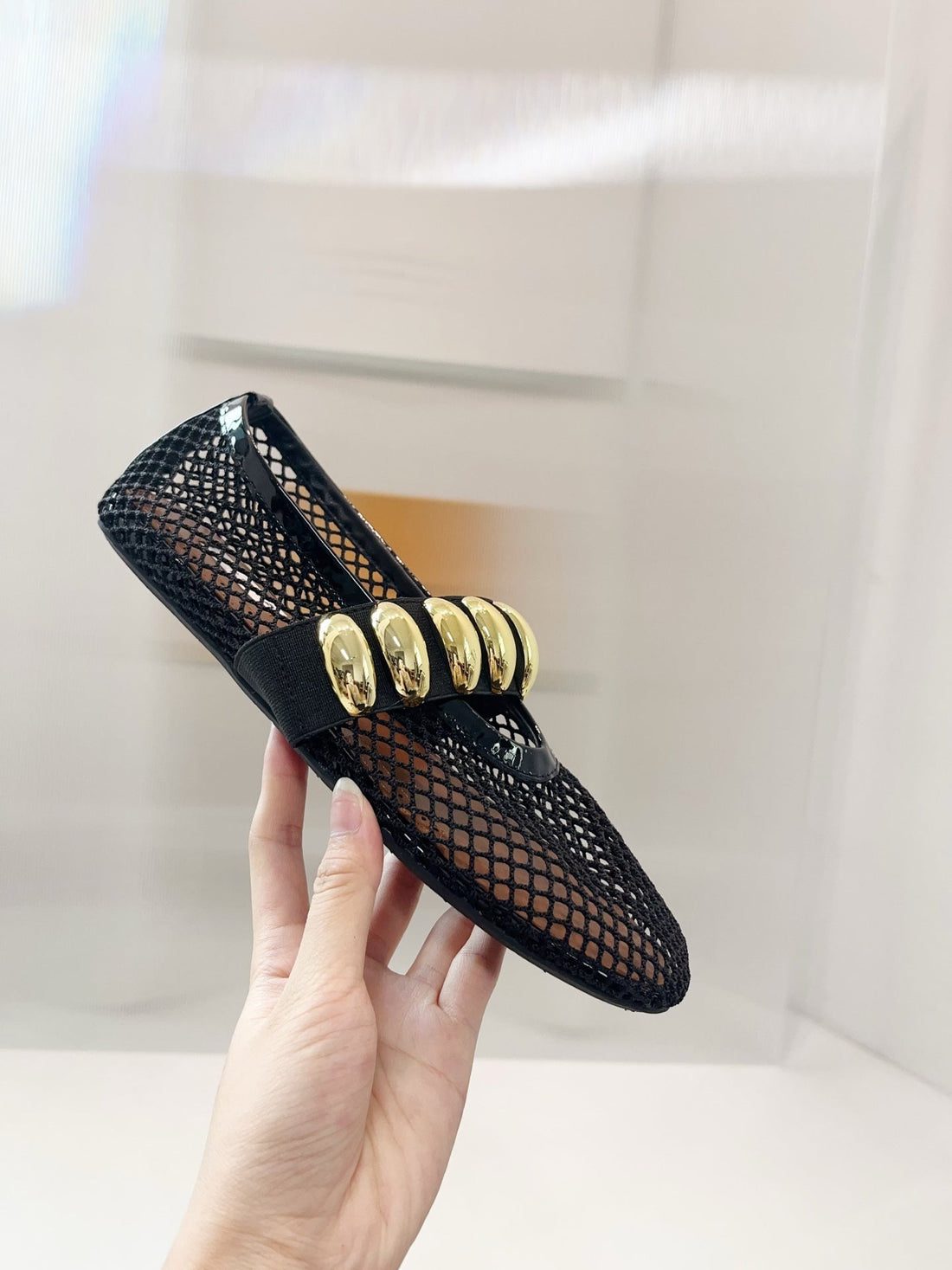 Alaia 25 Mary Jane Mesh Ballet Flats Black Gold Calfskin