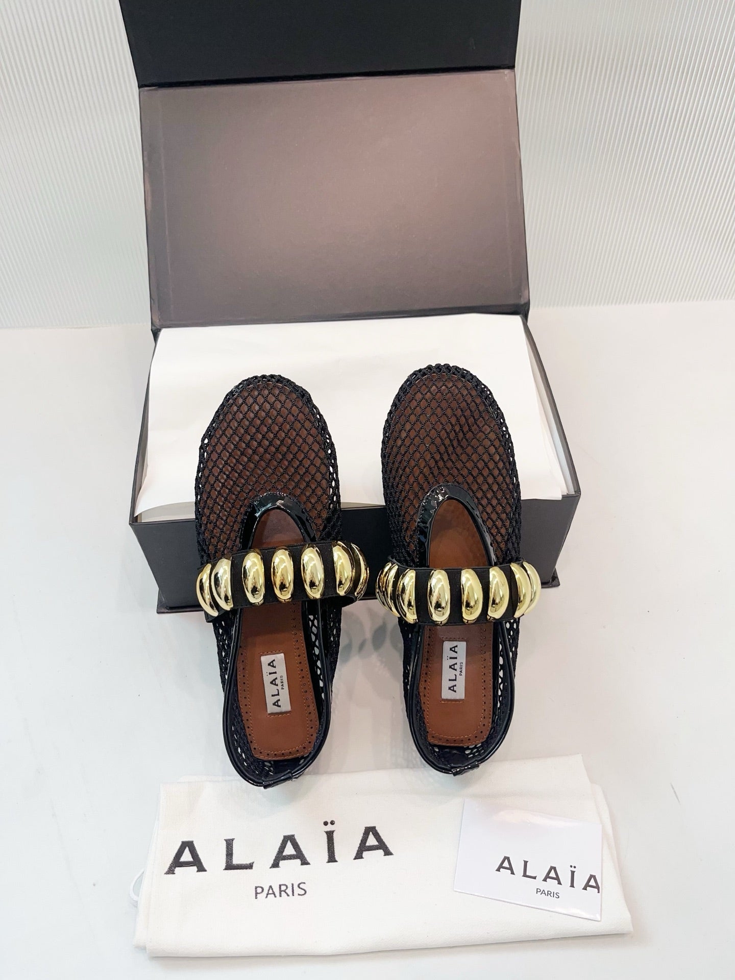 Alaia 25 Mary Jane Mesh Ballet Flats Black Gold Calfskin
