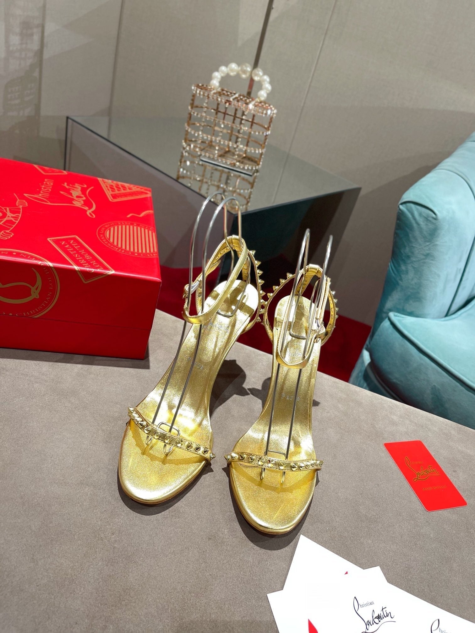 CL Spiked Strap Sandals 100mm Gold Leather 346013