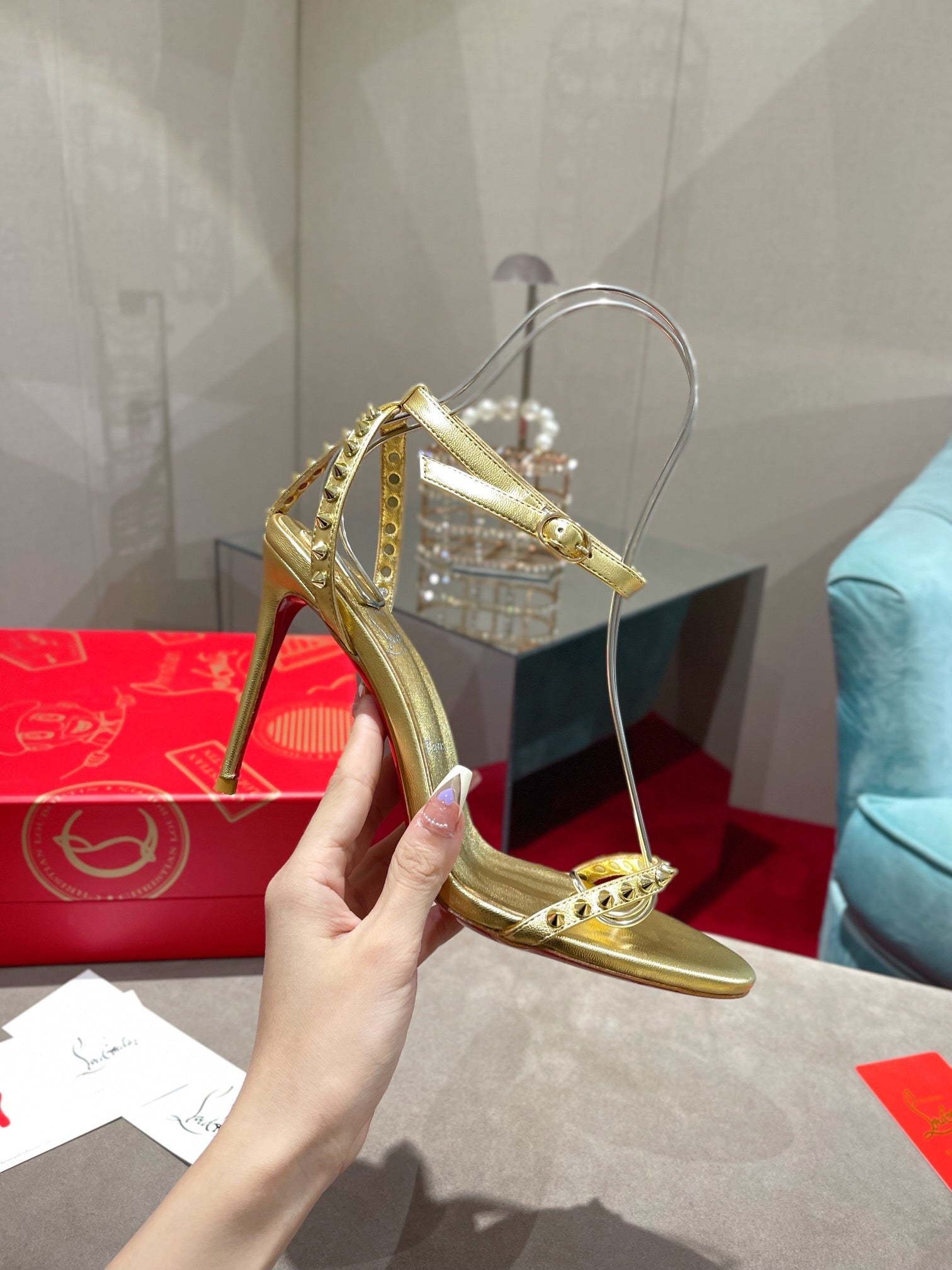CL Spiked Strap Sandals 100mm Gold Leather 346013
