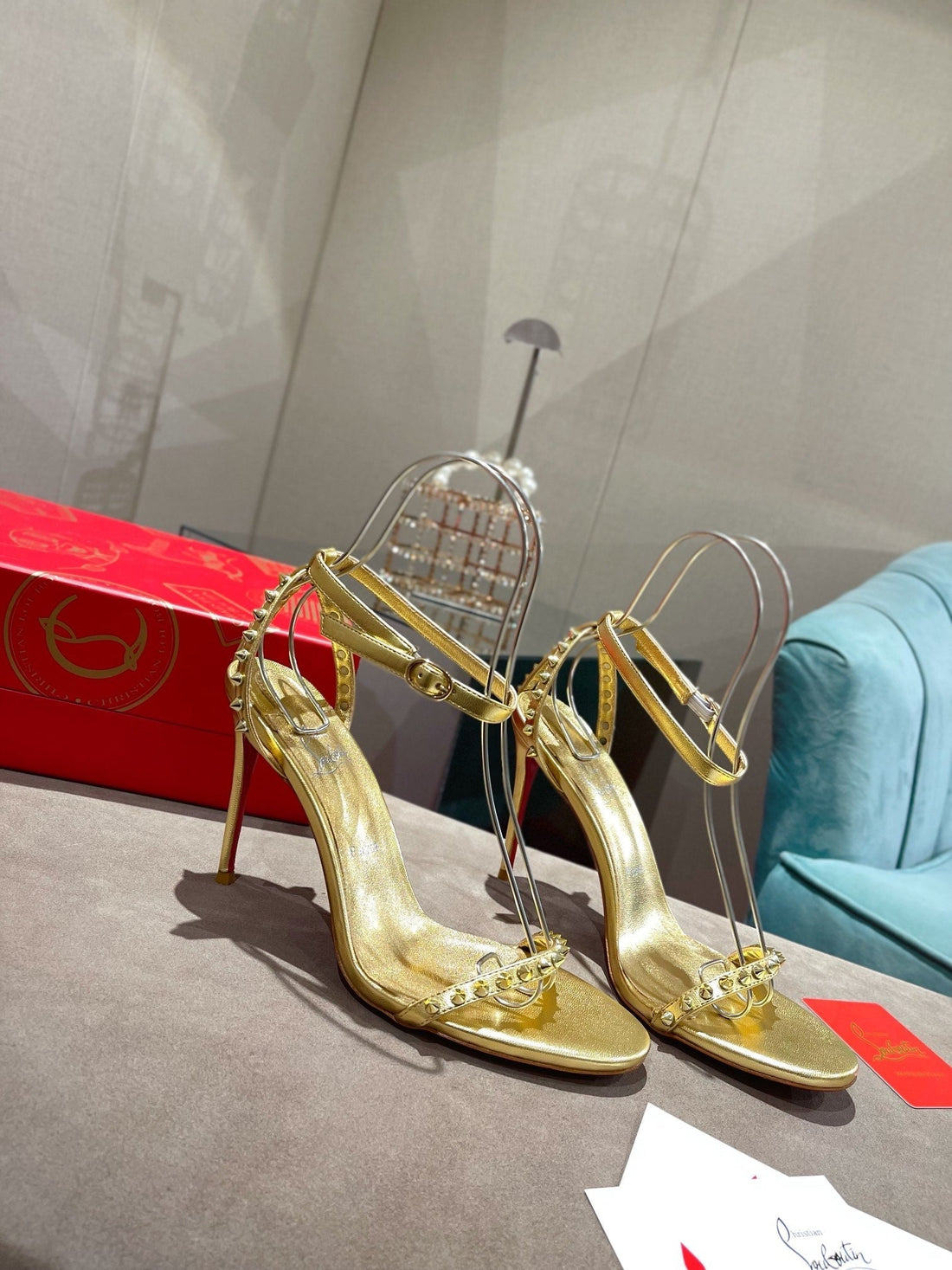 CL Spiked Strap Sandals 100mm Gold Leather 346013