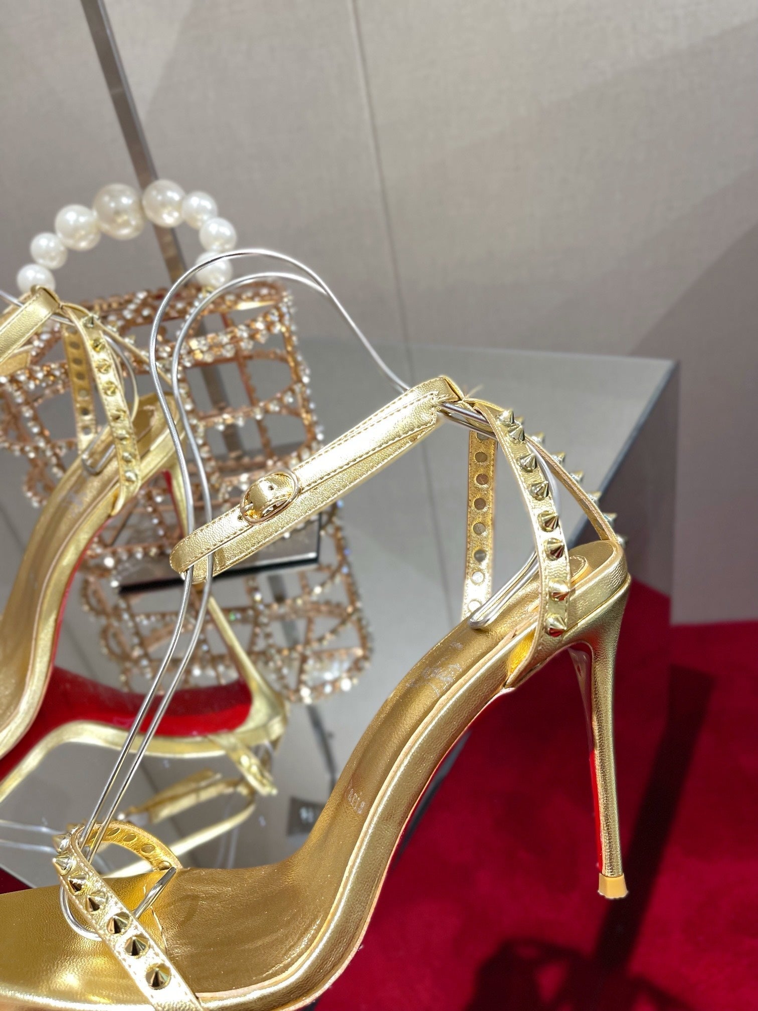 CL Spiked Strap Sandals 100mm Gold Leather 346013