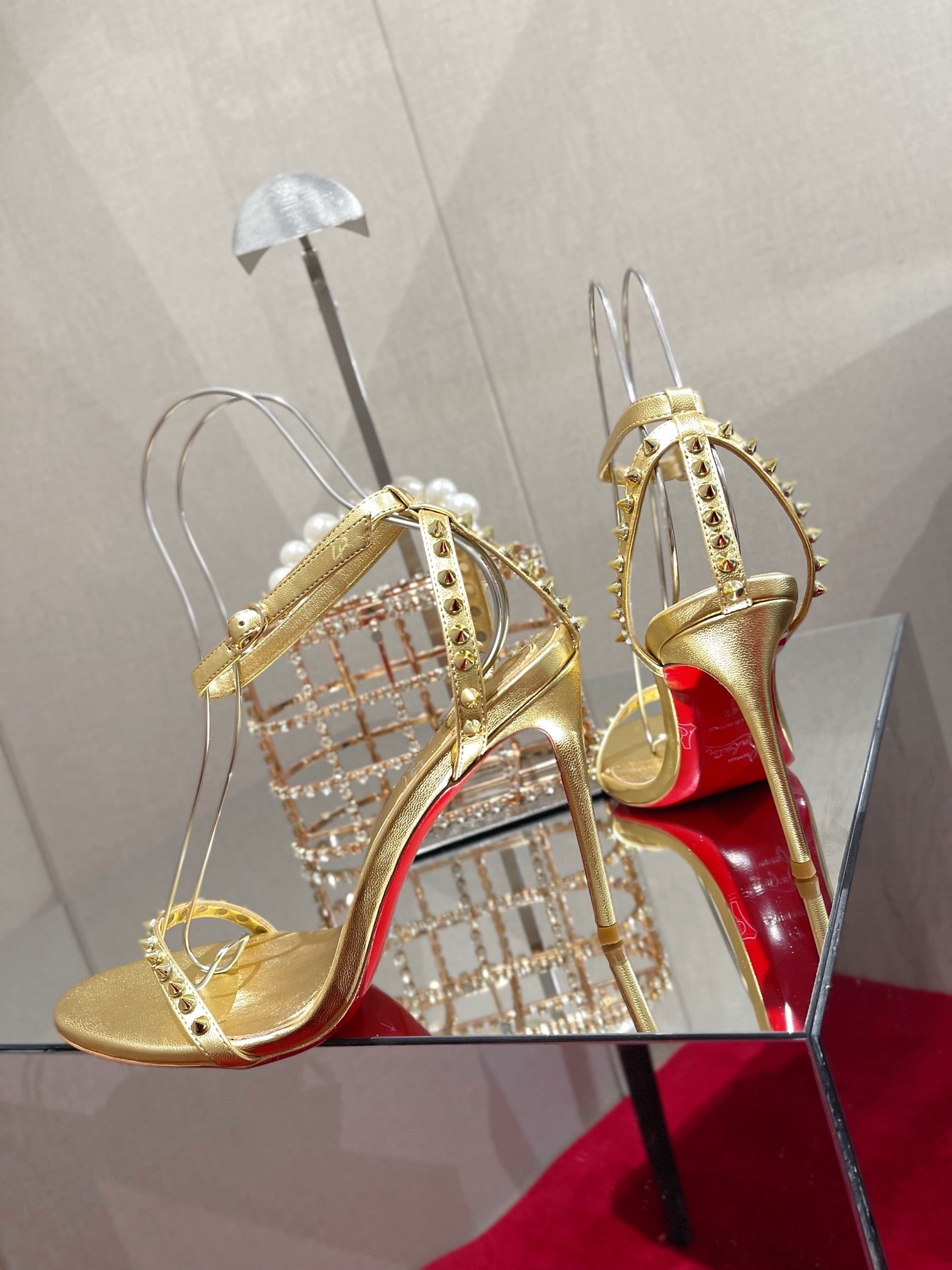 CL Spiked Strap Sandals 100mm Gold Leather 346013