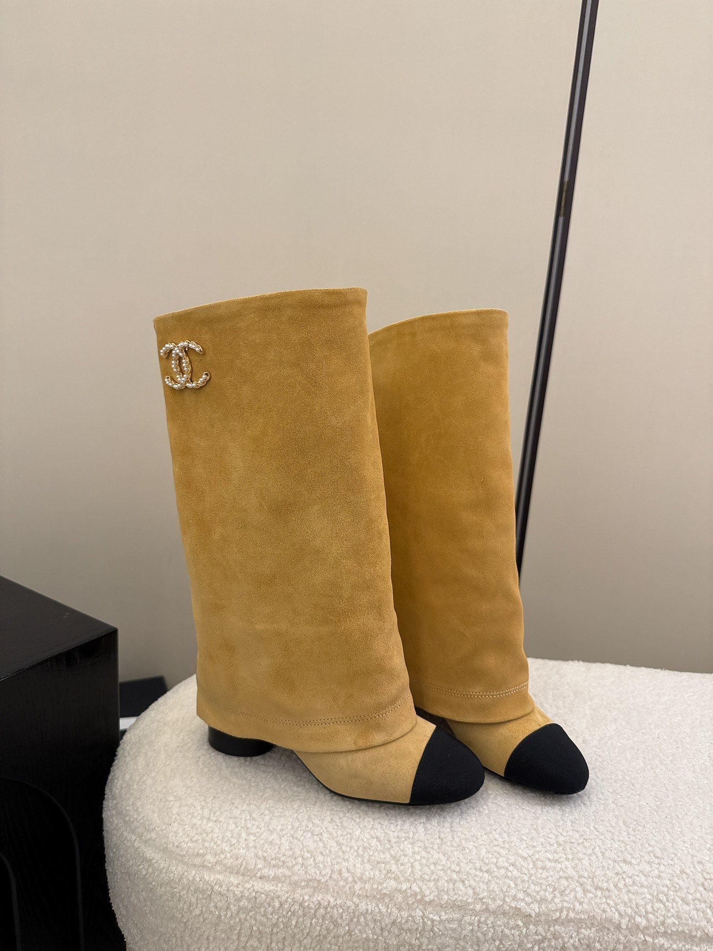 Chanel High Boot Beige Black Suede Leather 175157