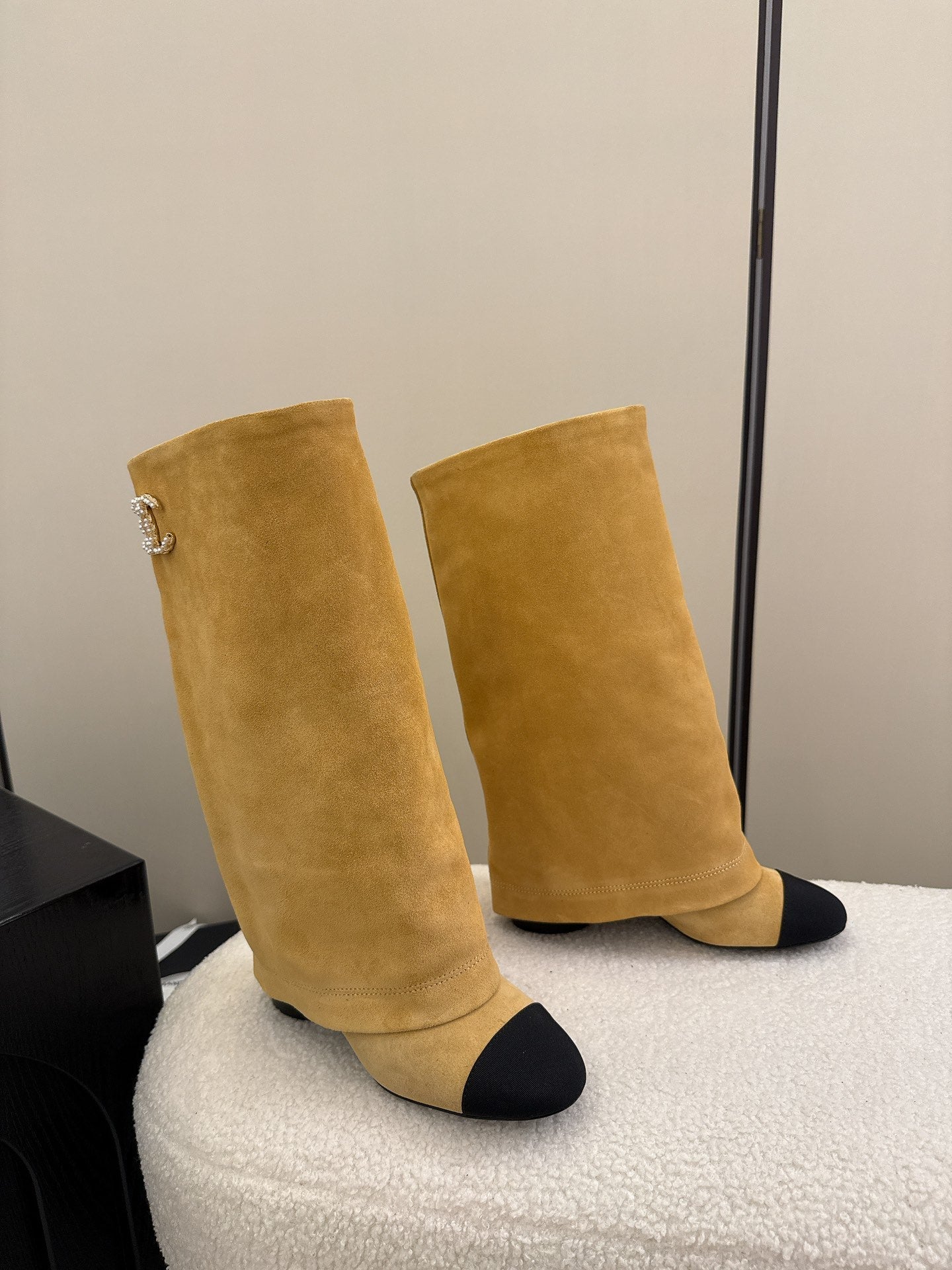 Chanel High Boot Beige Black Suede Leather 175157