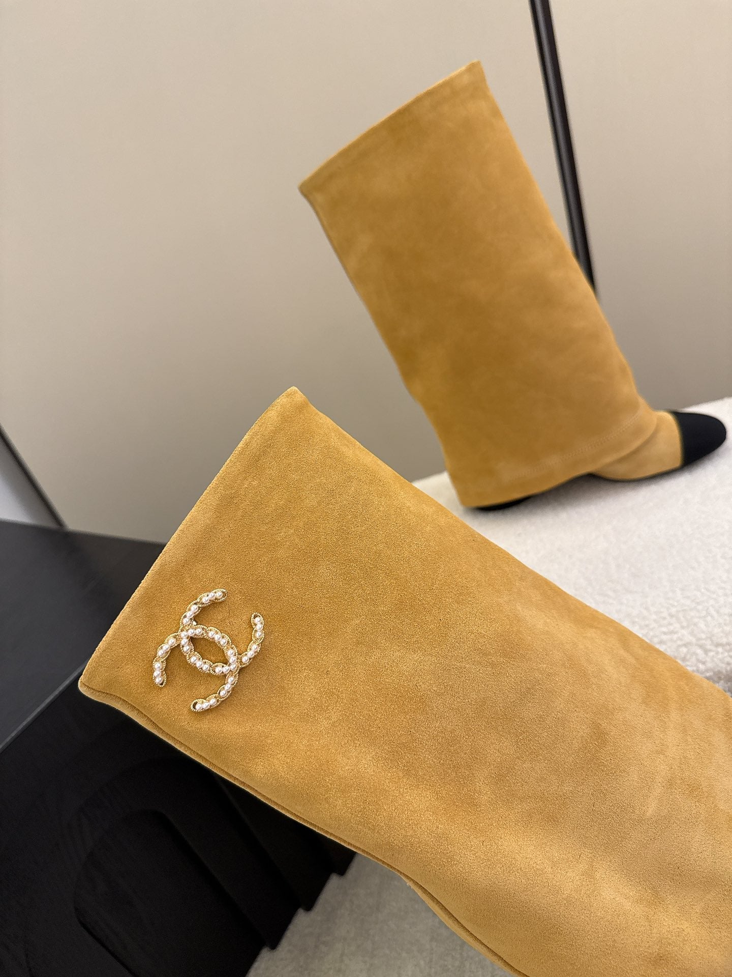 Chanel High Boot Beige Black Suede Leather 175157