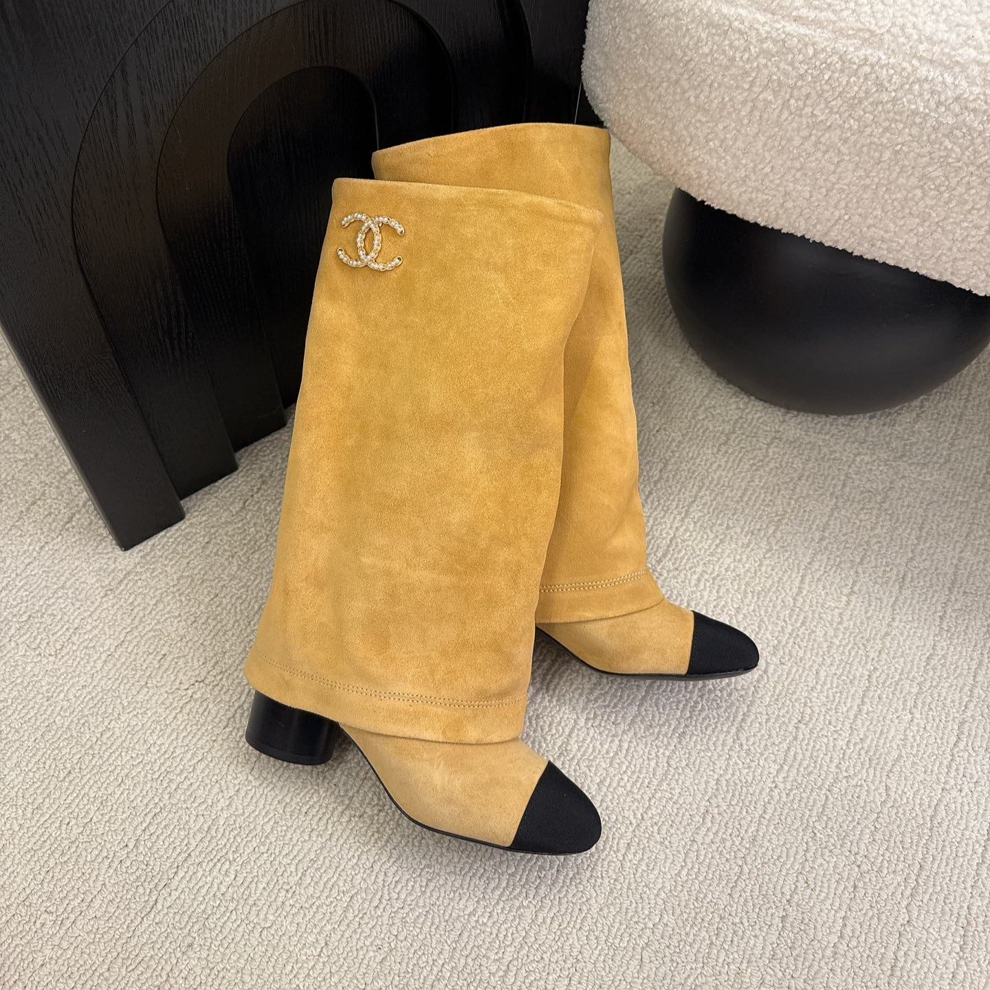 Chanel High Boot Beige Black Suede Leather 175157