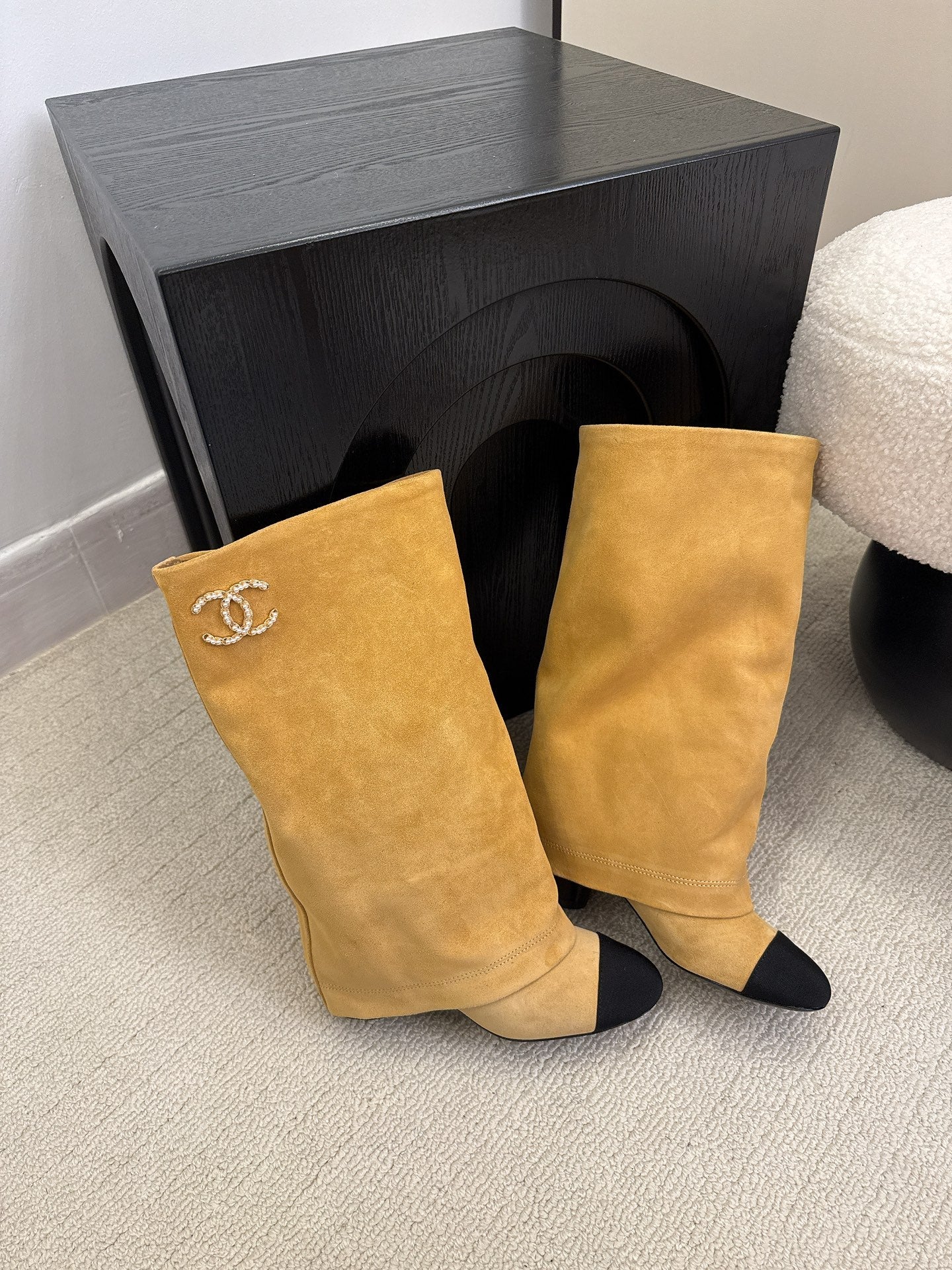 Chanel High Boot Beige Black Suede Leather 175157