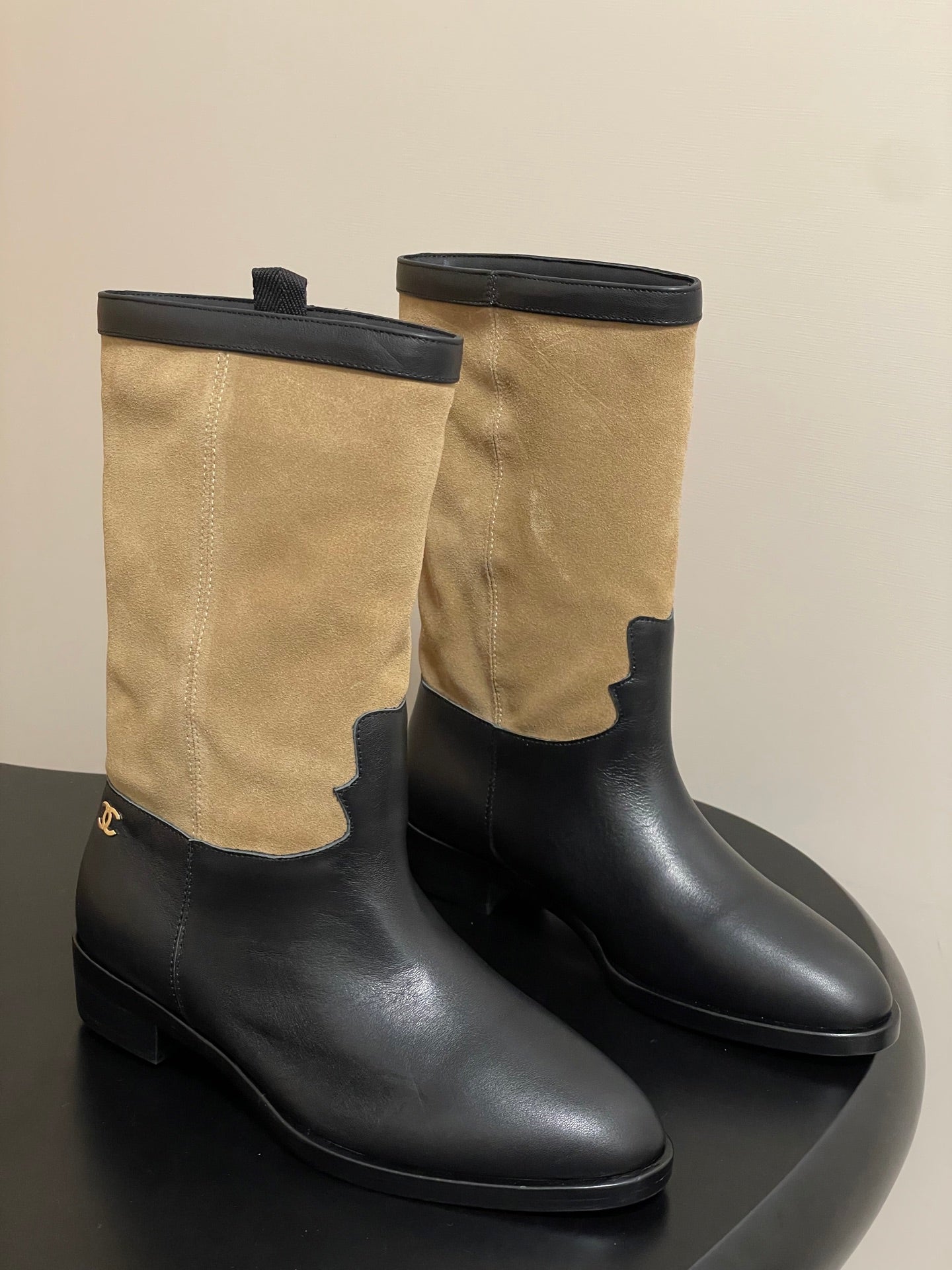 Chanel Boot 25 Beige mix Black Cowhide Suede 175368