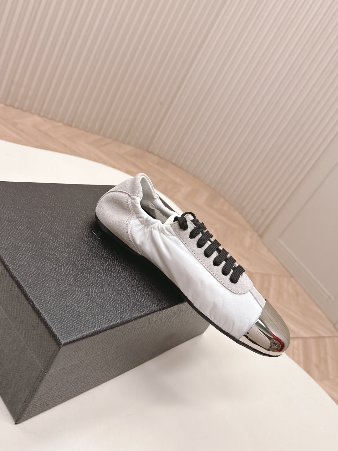 Prada Collapse Sneakers White Gray Re-Nylon and Suede With Metal Toecap 407095