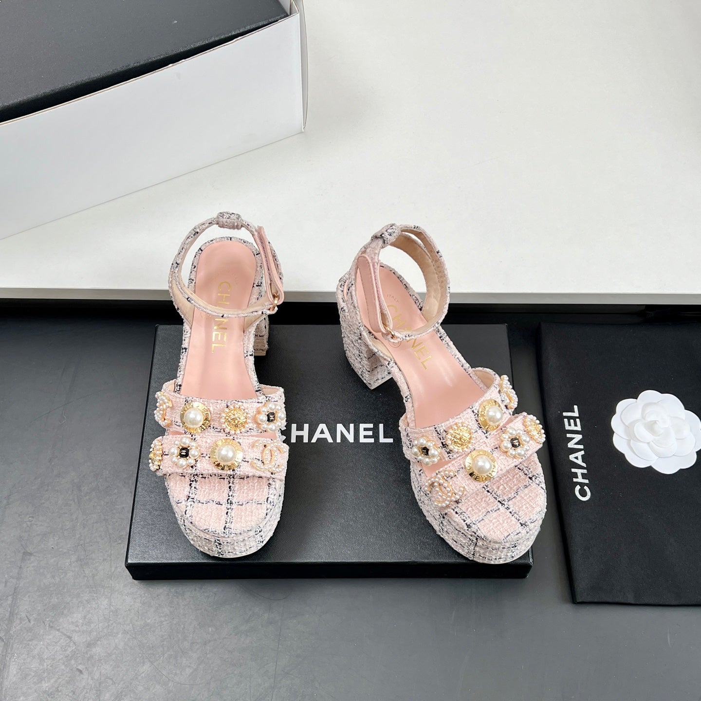 Chanel 25P High-heeled Sandals Pink Tweed Leather 175334