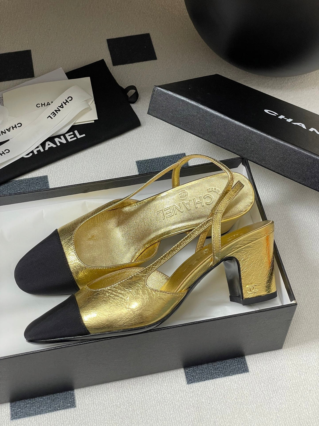 Chanel 2025 Slingback 65mm Gold Metalic Lambskin