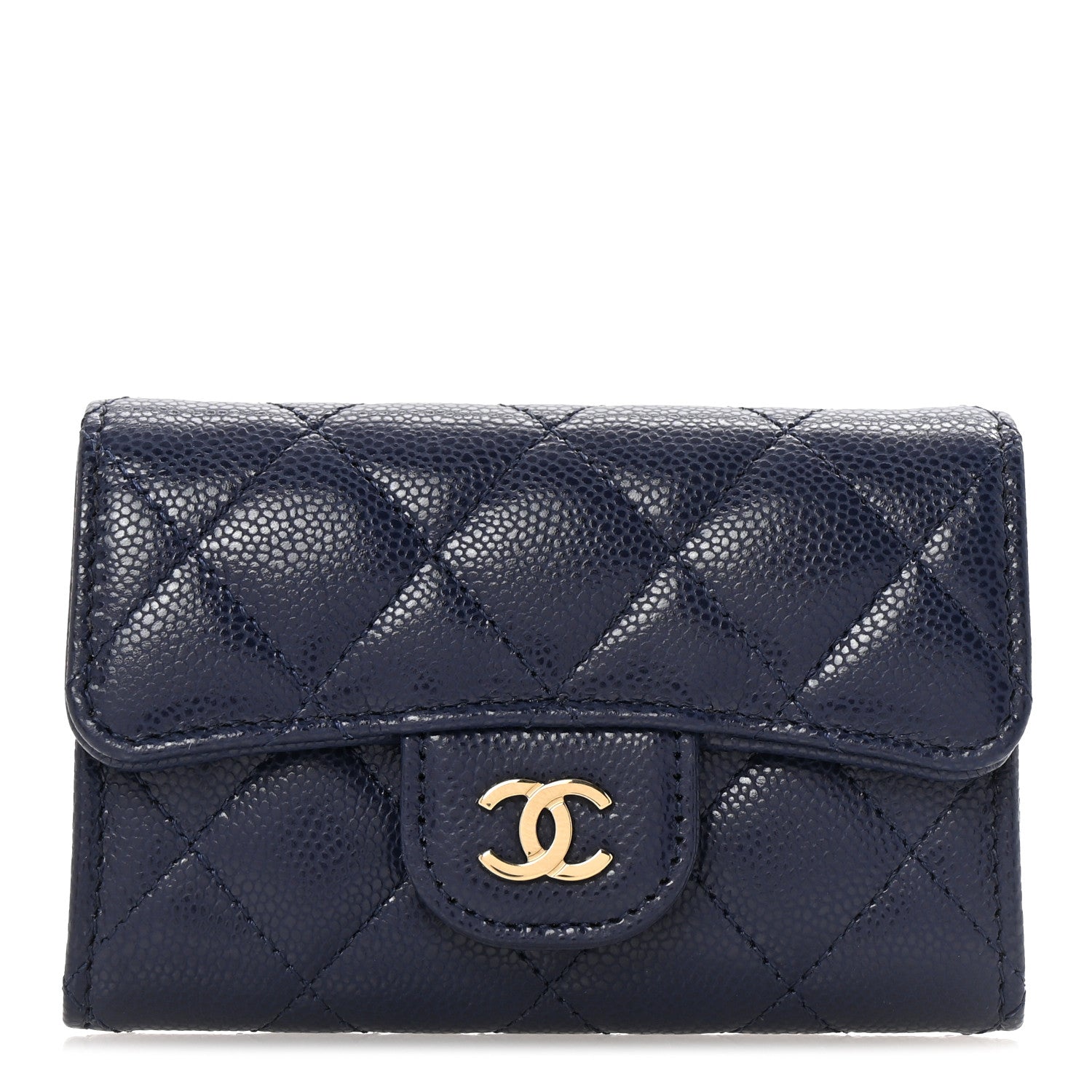 Caviar Quilted Flap Card Holder Wallet Navy Blue