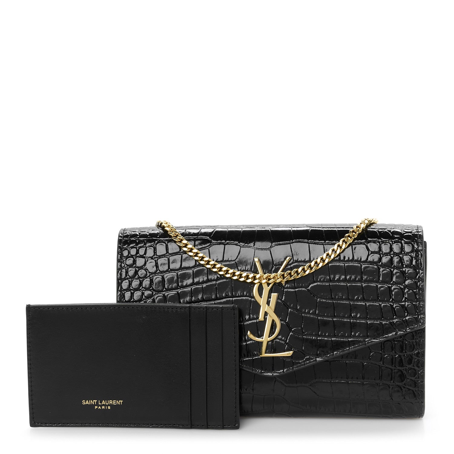 Calfskin Crocodile Embossed Monogram Uptown Chain Wallet Black