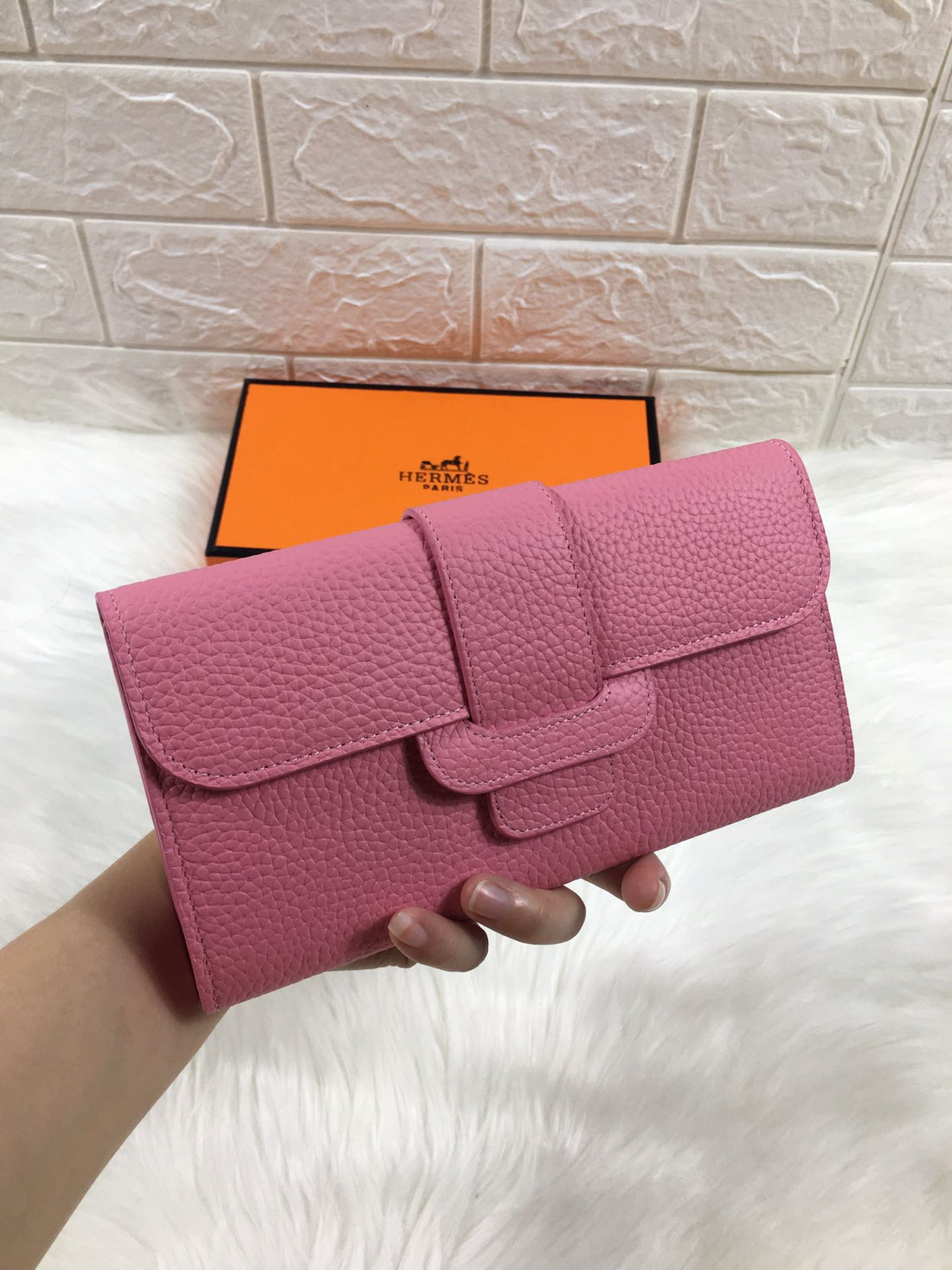 HM SNAP LOCK WALLET 19.5 FLAMINGO PINK GRAINED CALFSKIN