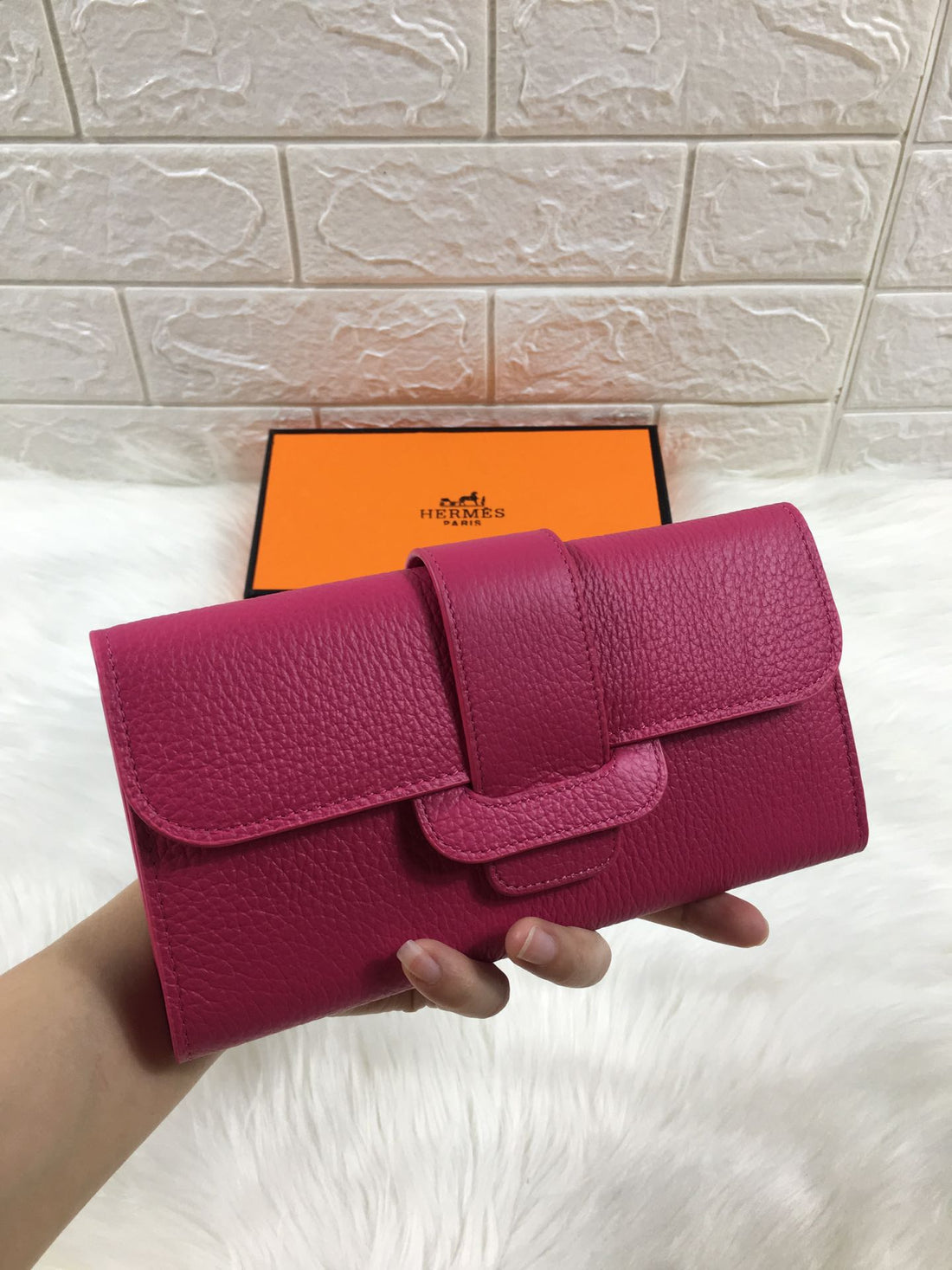HM SNAP LOCK WALLET 19.5 DEEP PINK GRAINED CALFSKIN