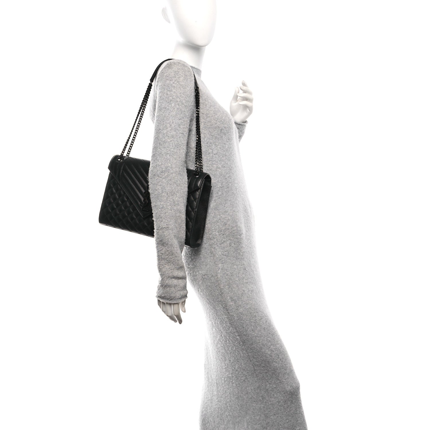 Grain De Poudre Textured Mixed Matelasse Large Triquilt Monogram Monochrome Satchel Black