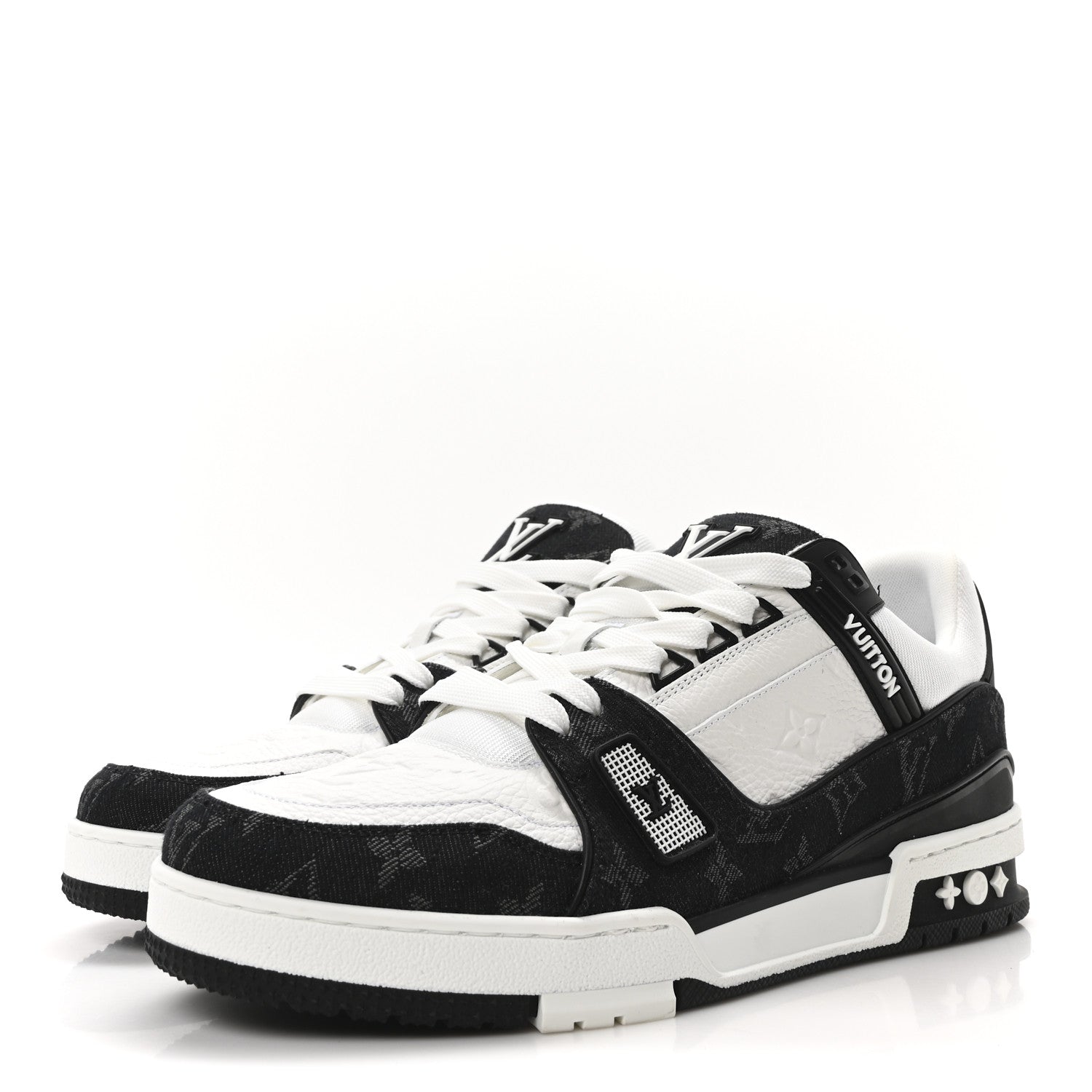 Calfskin Embossed Monogram Denim Mens LV Trainer Sneakers 9.5 Black