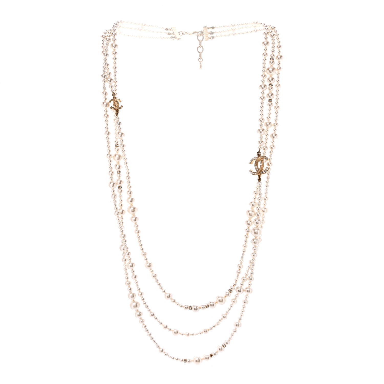 Metal Pearl Crystal Graduated CC Multi Strand Necklace Gold