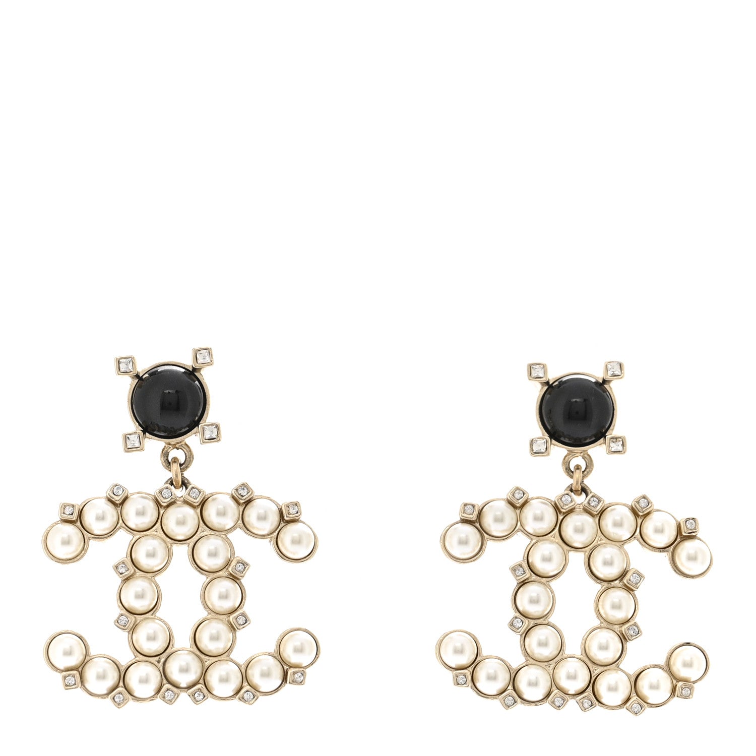 Resin Crystal Pearl CC Drop Earrings Black Gold