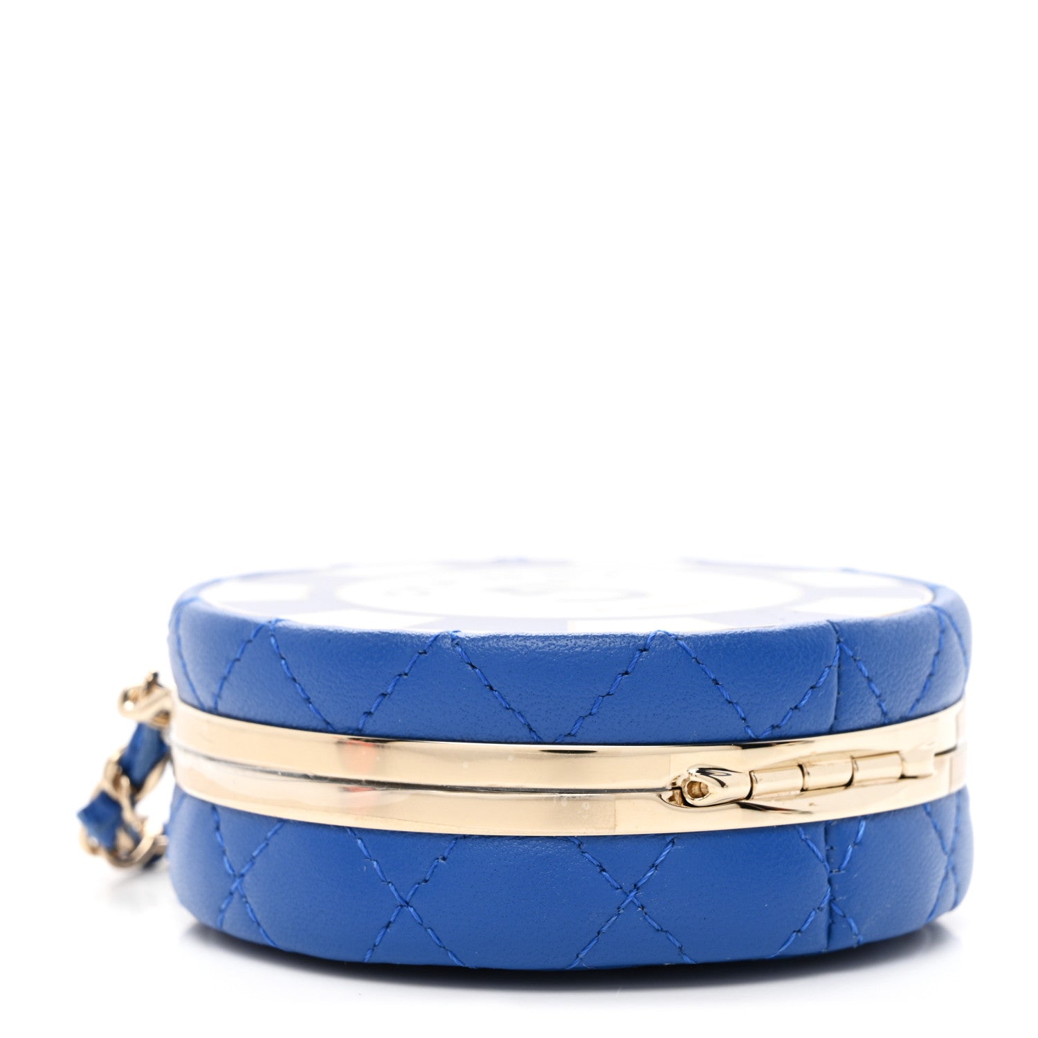 Lambskin Enamel Quilted Round Poker Chip Clutch With Chain Blue White