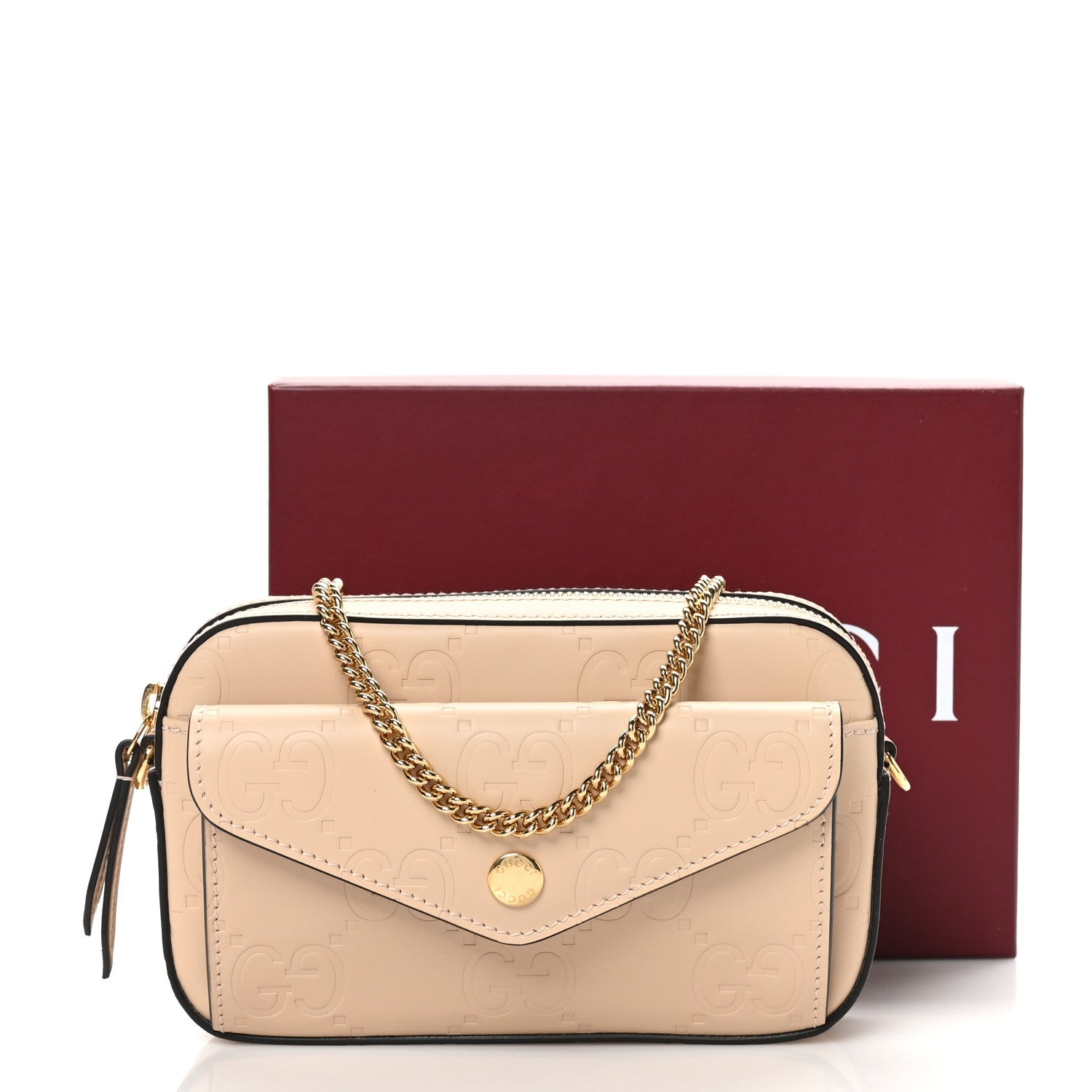 Calfskin GG Super Mini Debossed Chain Wallet Light Beige