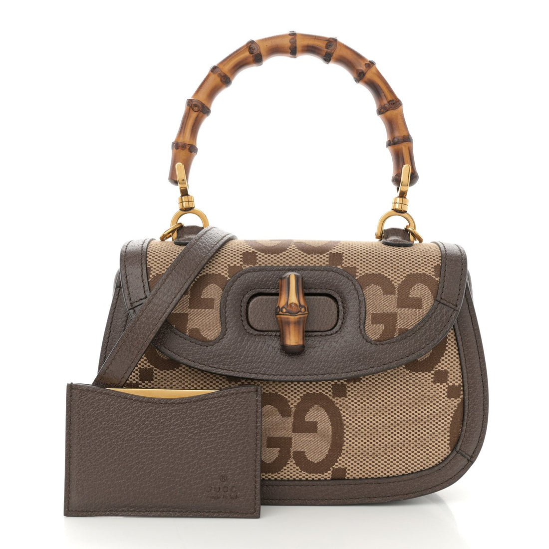Monogram Jumbo GG Textured Dollar Calfskin Web Small Bamboo 1947 Top Handle Bag Camel Ebony New Acero