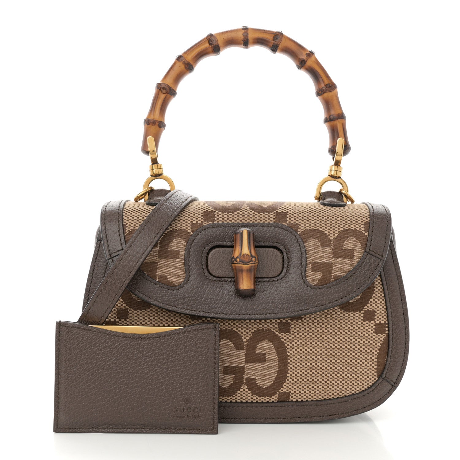 Monogram Jumbo GG Textured Dollar Calfskin Web Small Bamboo 1947 Top Handle Bag Camel Ebony New Acero