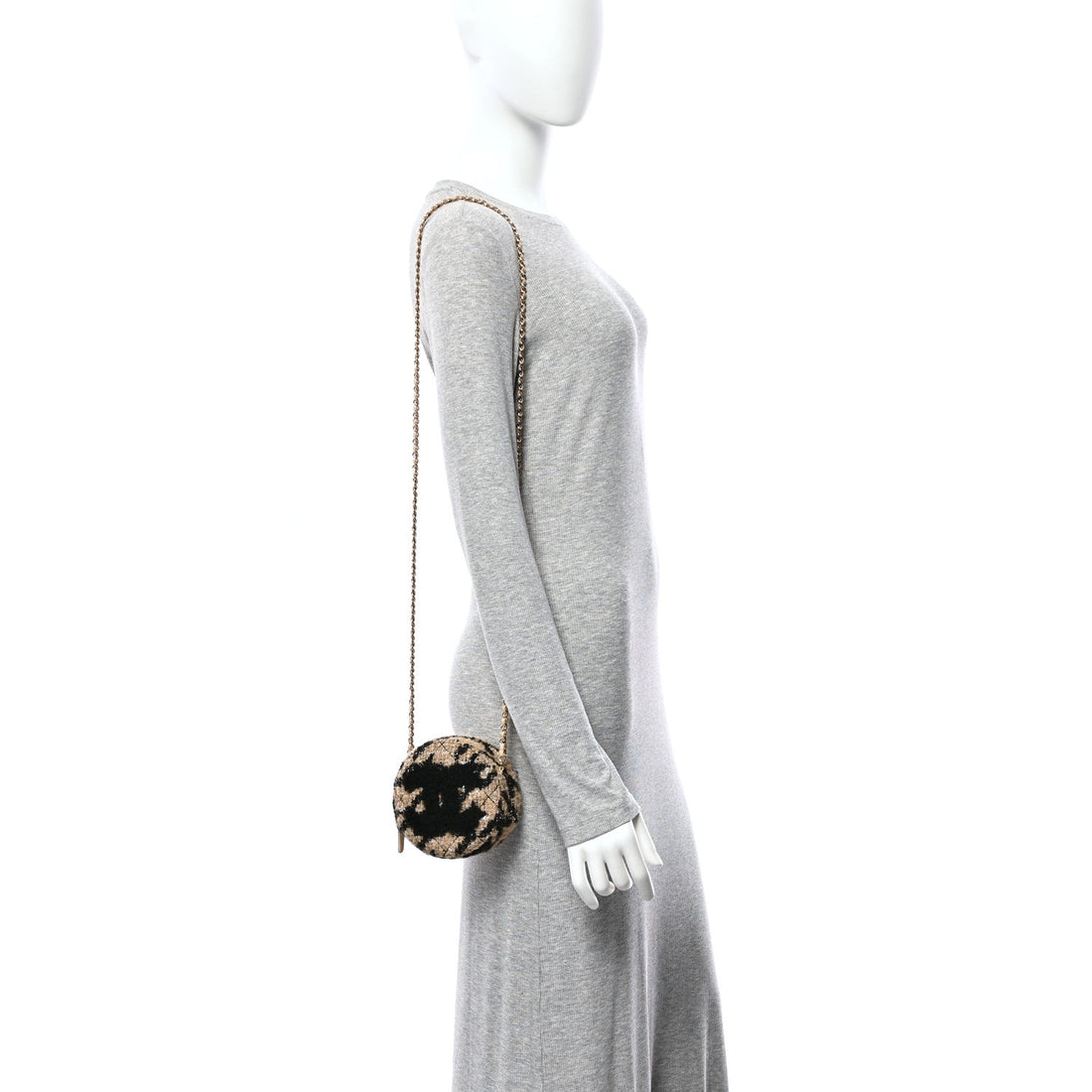 Tweed Shearling Quilted Round Clutch With Chain and Coin Purse Beige Black