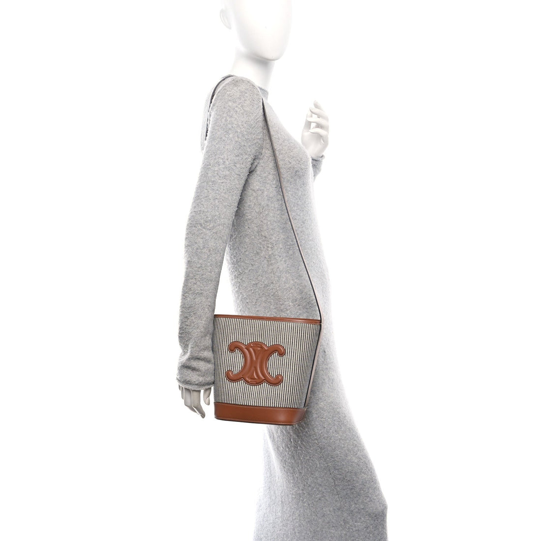 Canvas Calfskin Stripe Triomphe Small Bucket Bag Navy Blue Tan