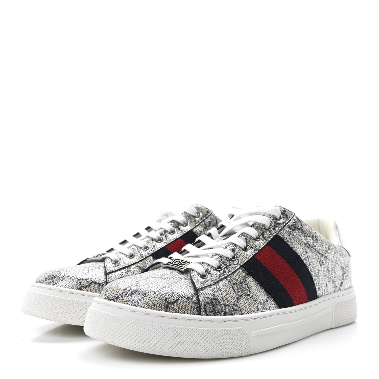 GG Supreme Monogram Metal Web Mens Ace Sneakers 7.5 Beige Blue Silver