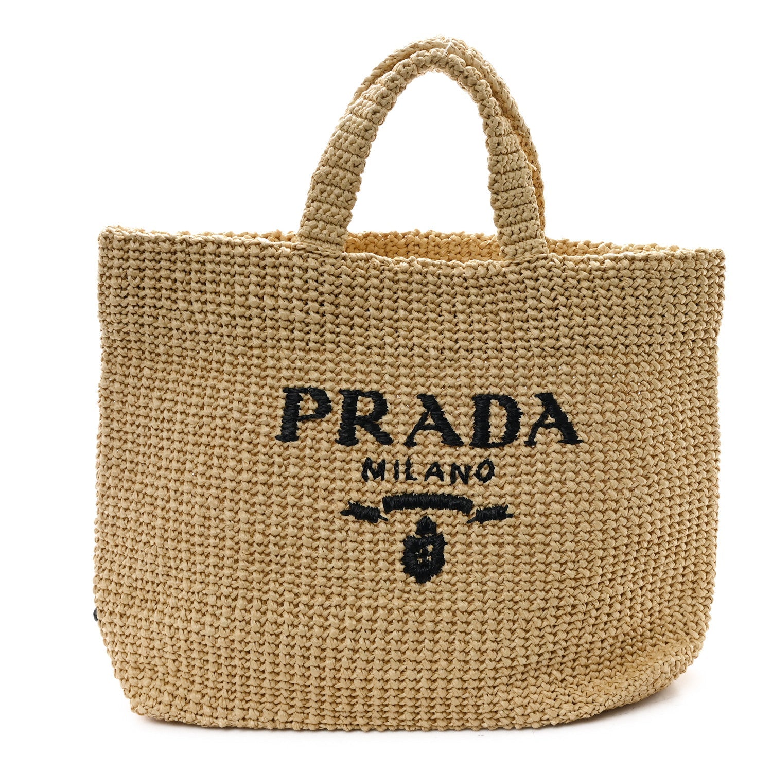 Yarn Raffia Effect Crochet Embroidered Logo Tote Naturale