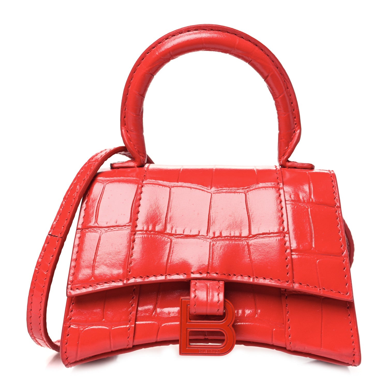 Shiny Calfskin Tonal B Crocodile Embossed Hourglass Top Handle Bag Mini Bright Red