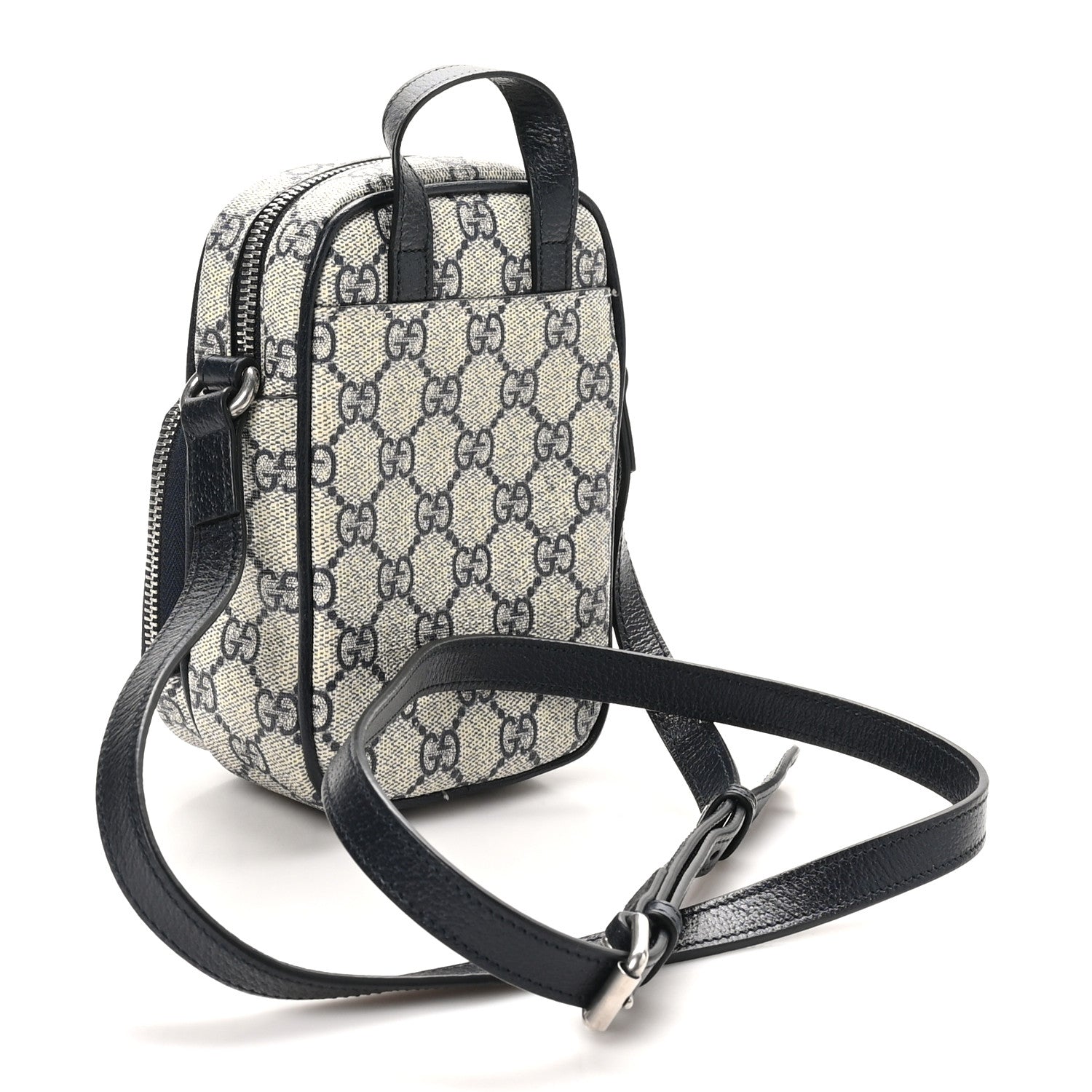 GG Supreme Monogram Textured Dollar Calfskin Web Mini Ophidia Double Zip Messenger Bag Beige Blue
