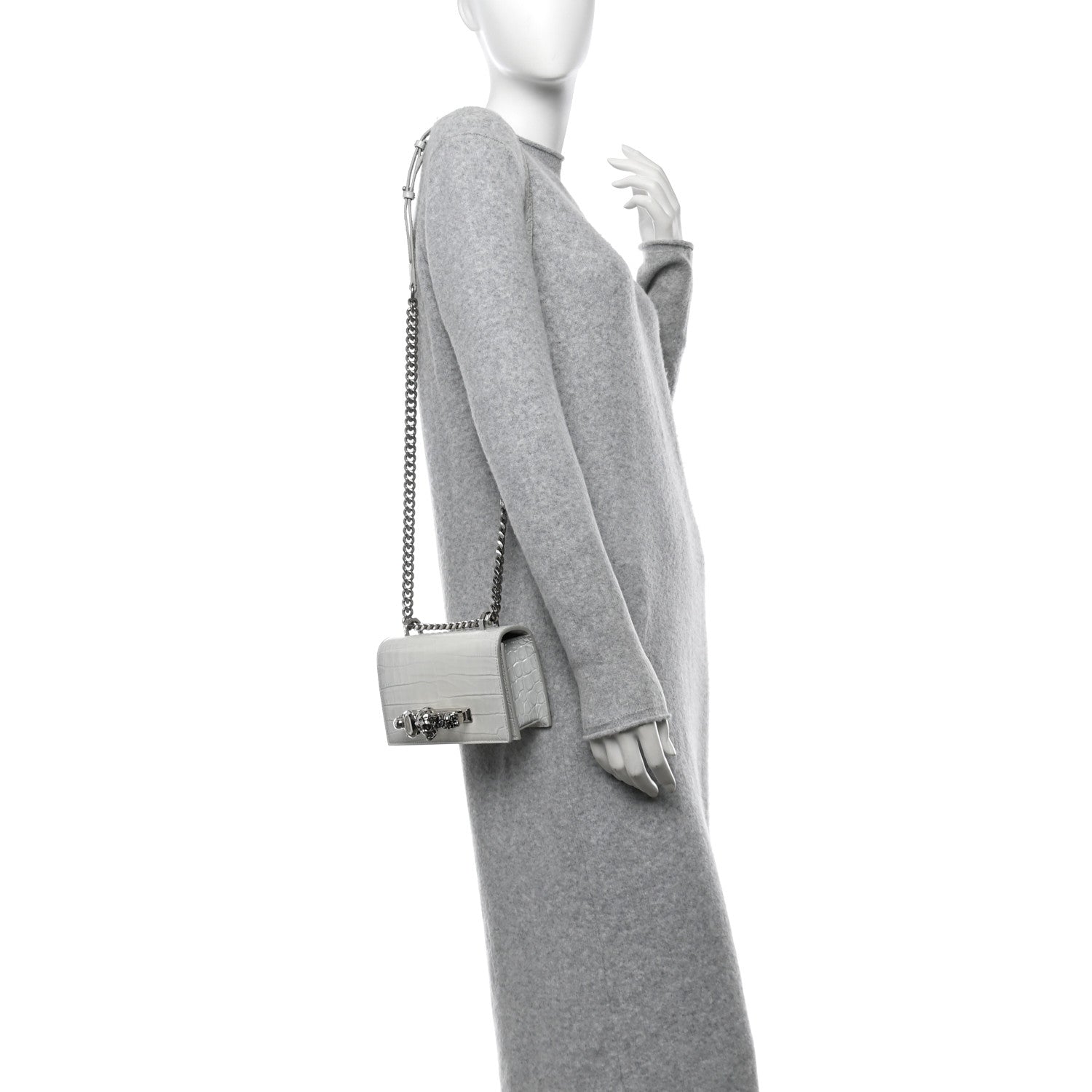 Calfskin Shiny Crocodile Embossed Mini Ombrè Jeweled Satchel Ivory Grey