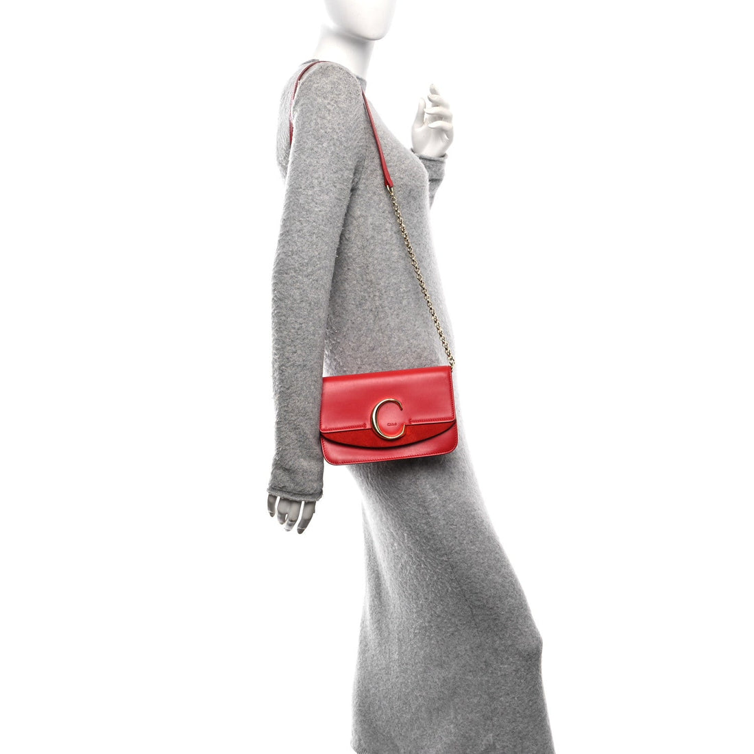 Calfskin Suede C Clutch With Chain Plaid Red