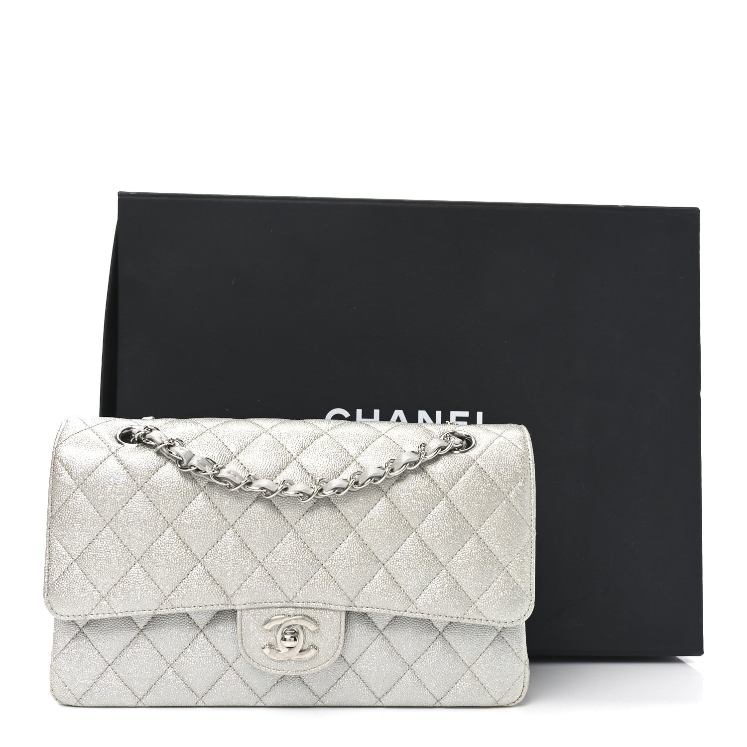 Glittered Metallic Caviar Quilted Medium Double Flap Silver