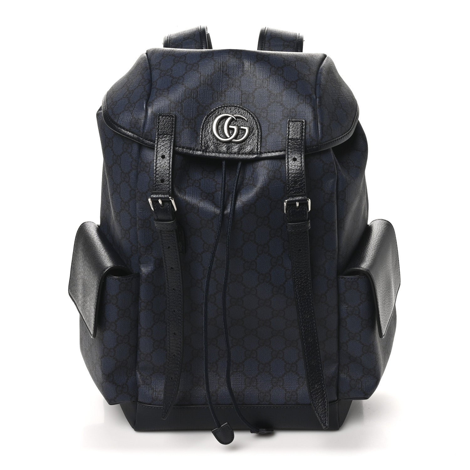 GG Supreme Monogram Textured Dollar Calfskin Medium Ophidia Double Buckle Backpack Blue Dark Blue Black