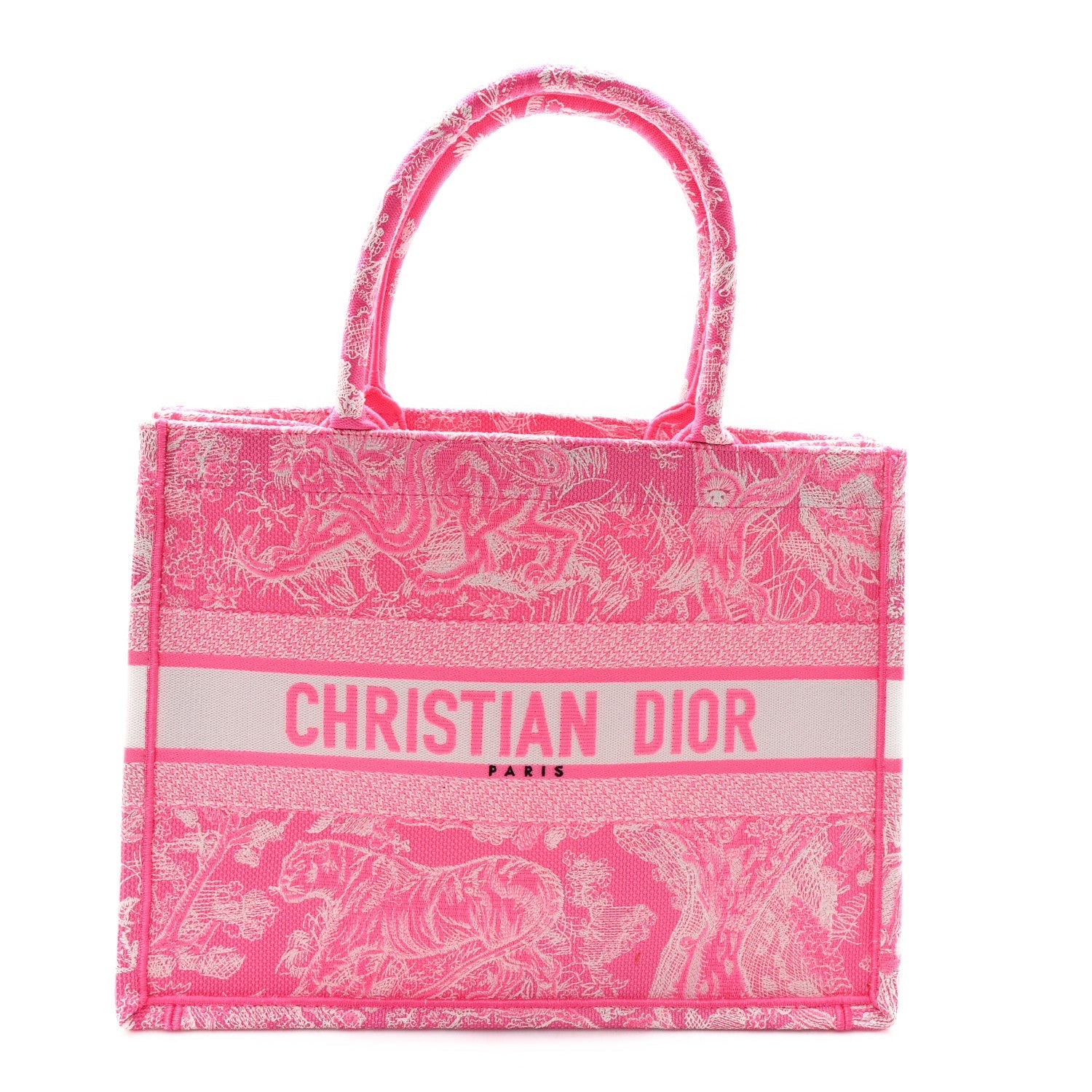 Canvas Embroidered Medium Dioriviera Toile De Jouy Book Tote Fluorescent Pink