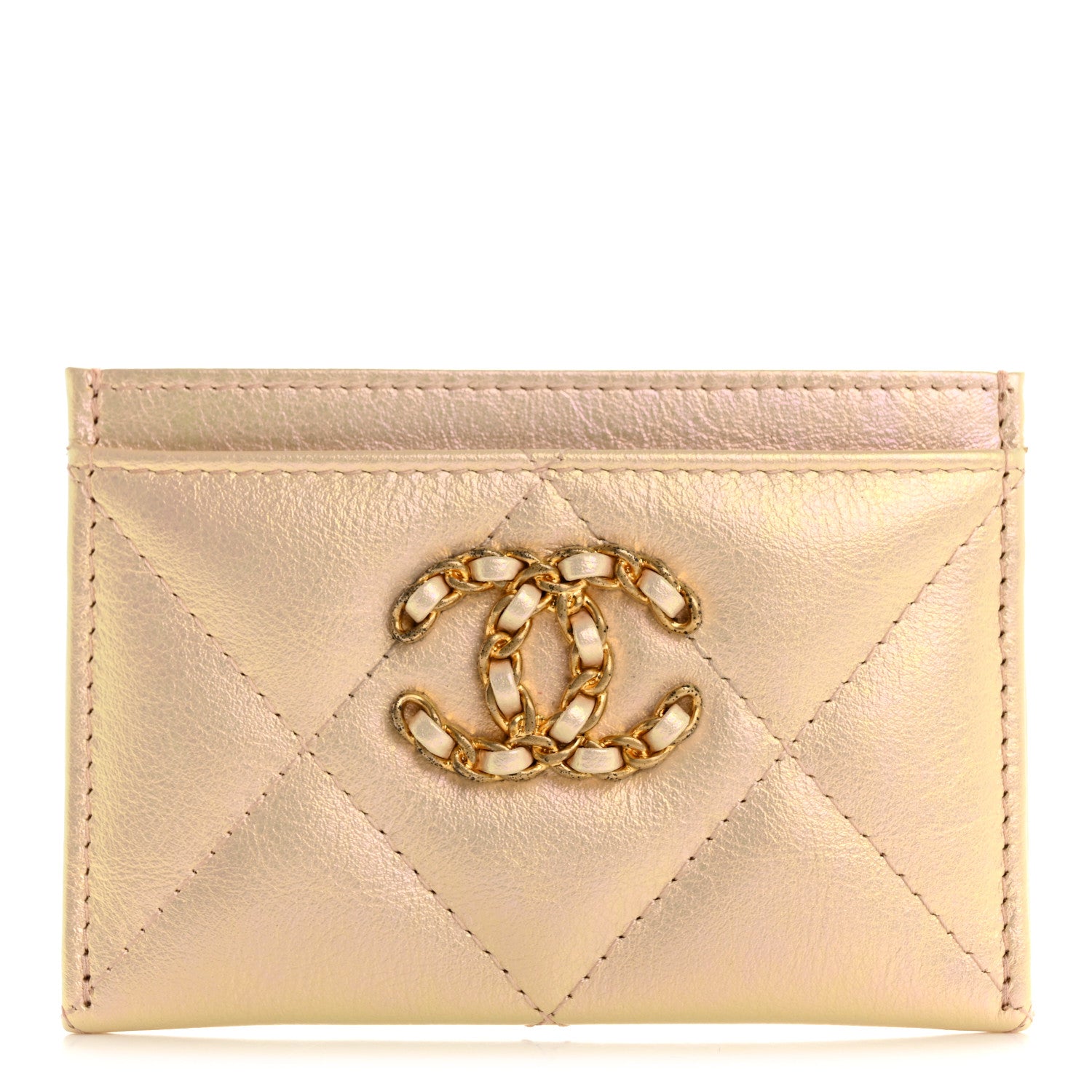 Metallic Goatskin Quilted Chanel 19 Card Holder Gold