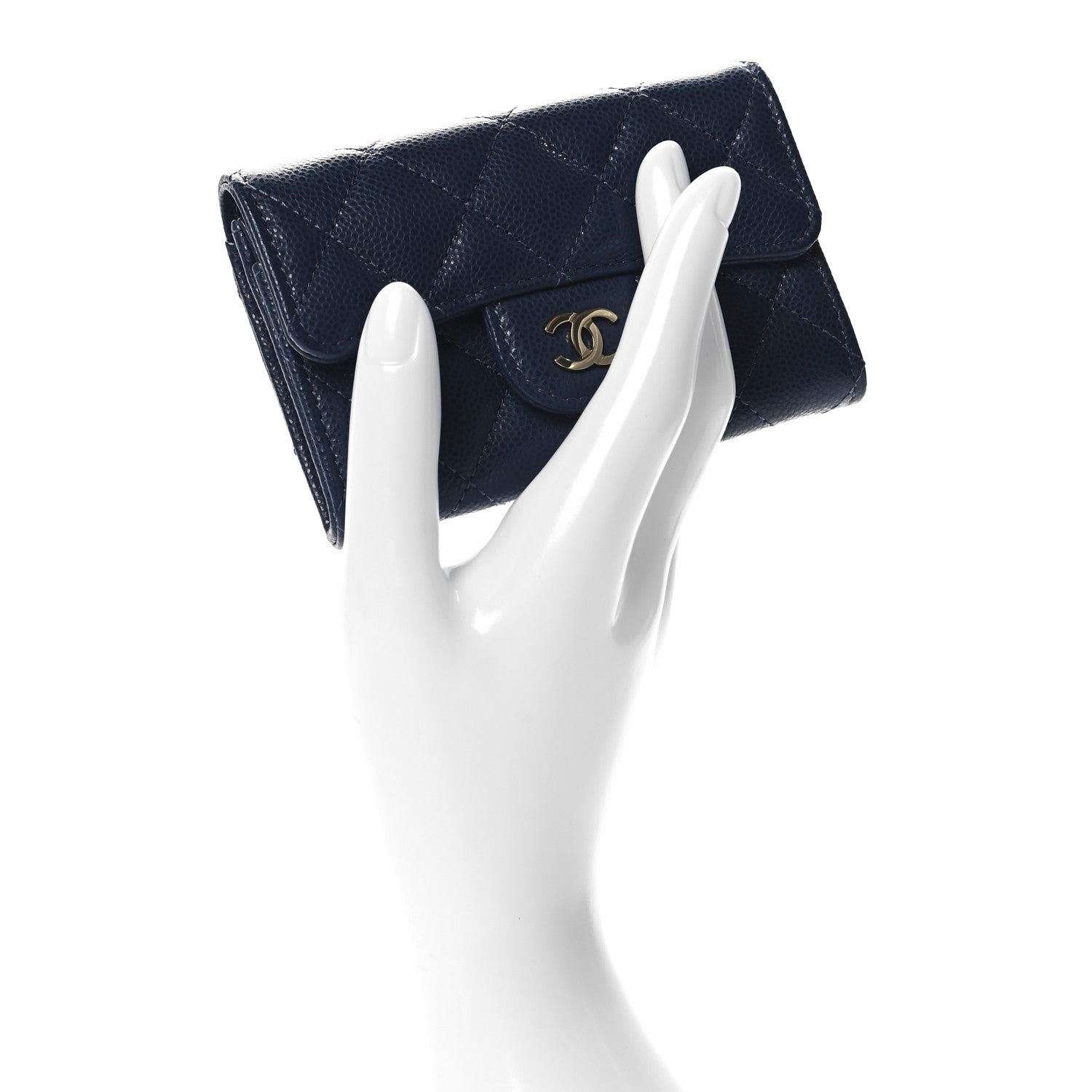 Caviar Quilted Flap Card Holder Wallet Navy Blue