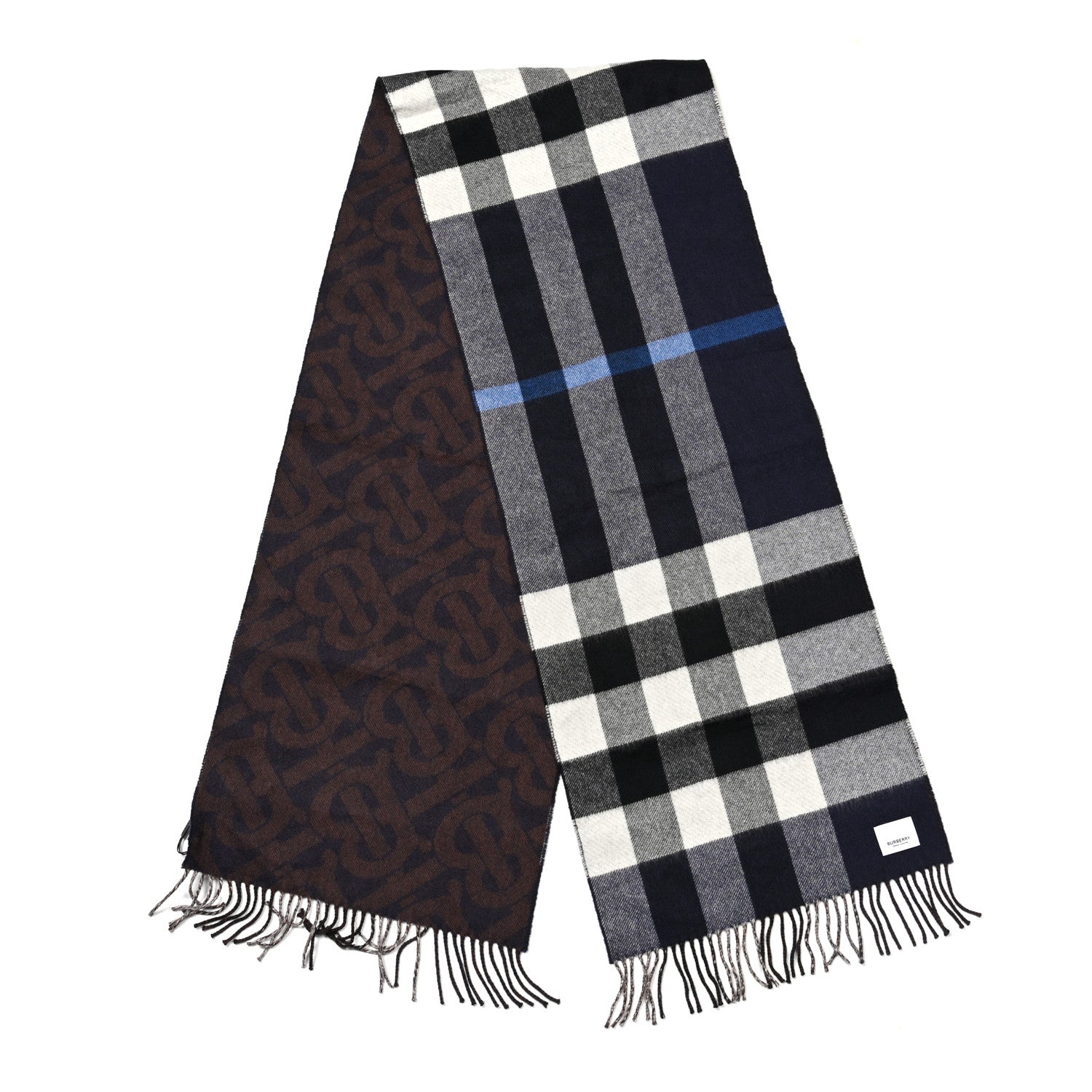 Cashmere Half Mega Check Monogram TB Reversible Fringe Scarf Dark Charcoal Blue