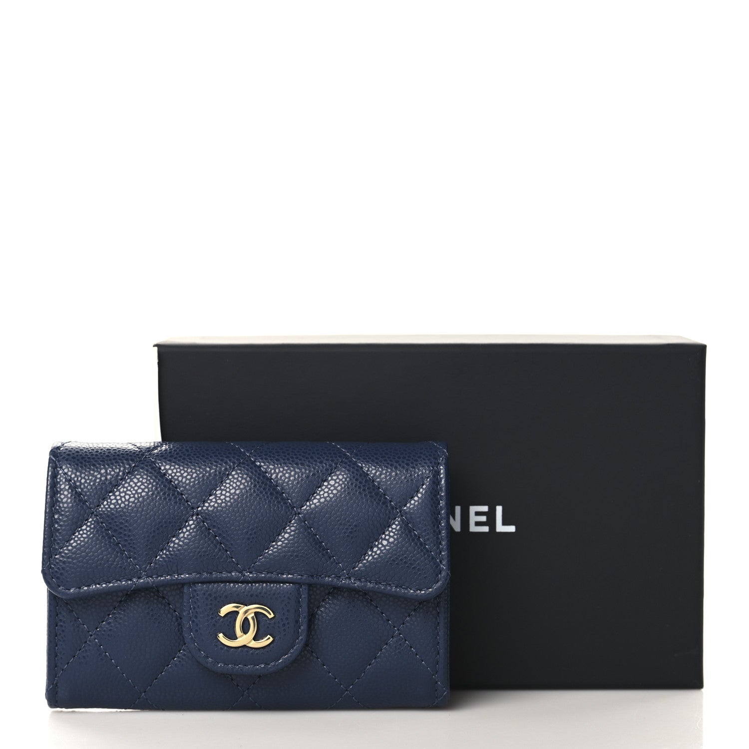 Caviar Quilted Flap Card Holder Wallet Navy Blue