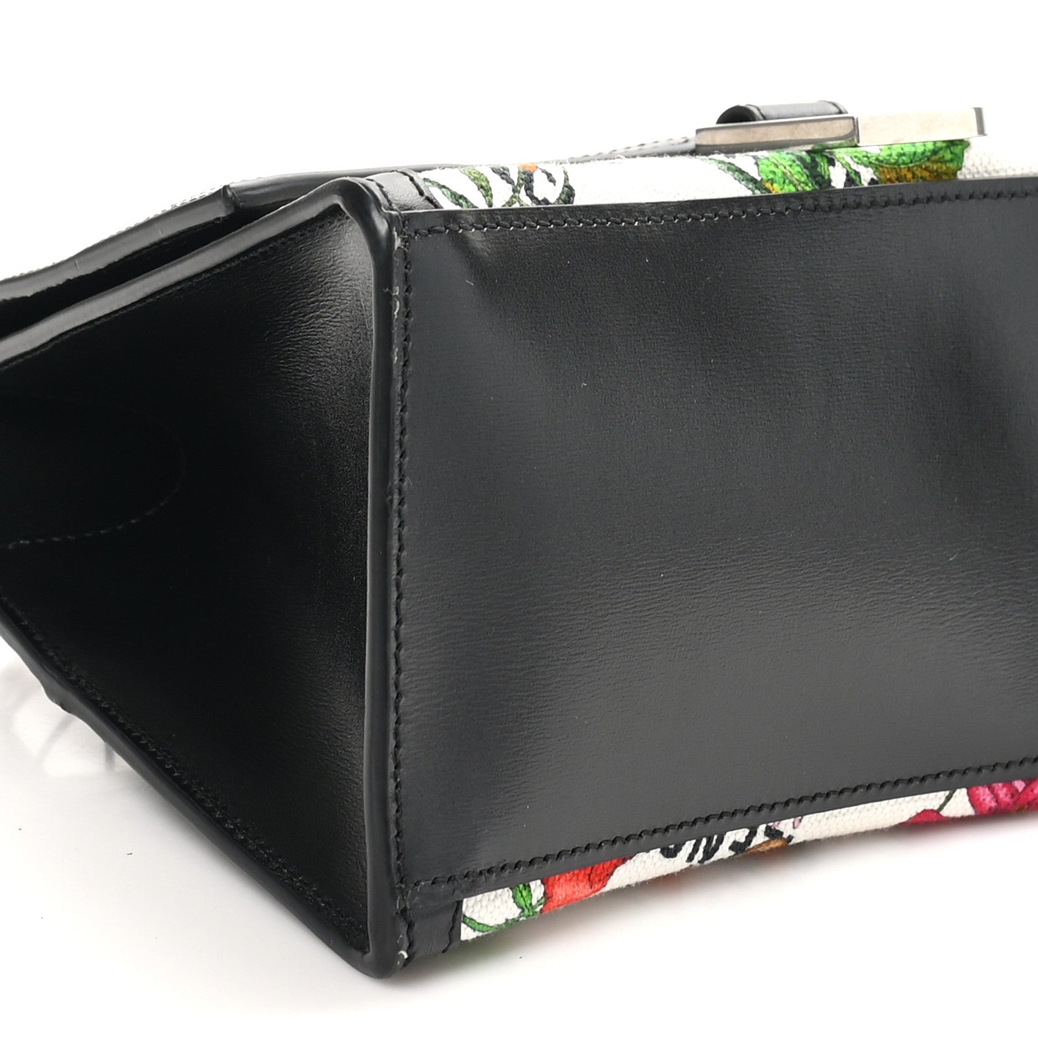 X GUCCI Canvas Boarded Plutone Calfskin Flora Logo Print Small Hourglass Top Handle Bag White Multicolor Black