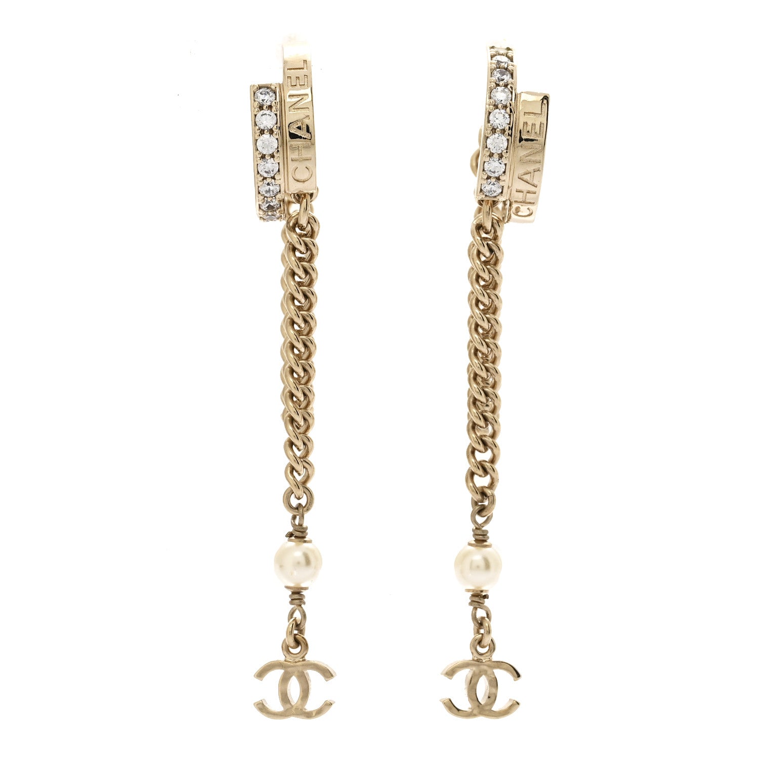 Metal Crystal Chain CC Hoop Earrings Gold